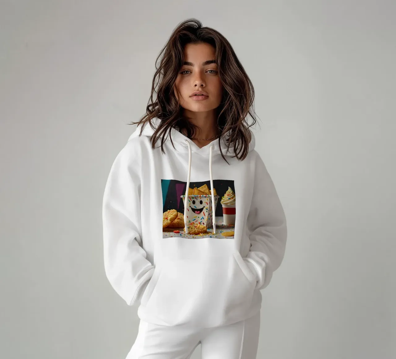 scena del dessert con un allegro contenitore pieno di felpa con cappuccio da DesignDoodle