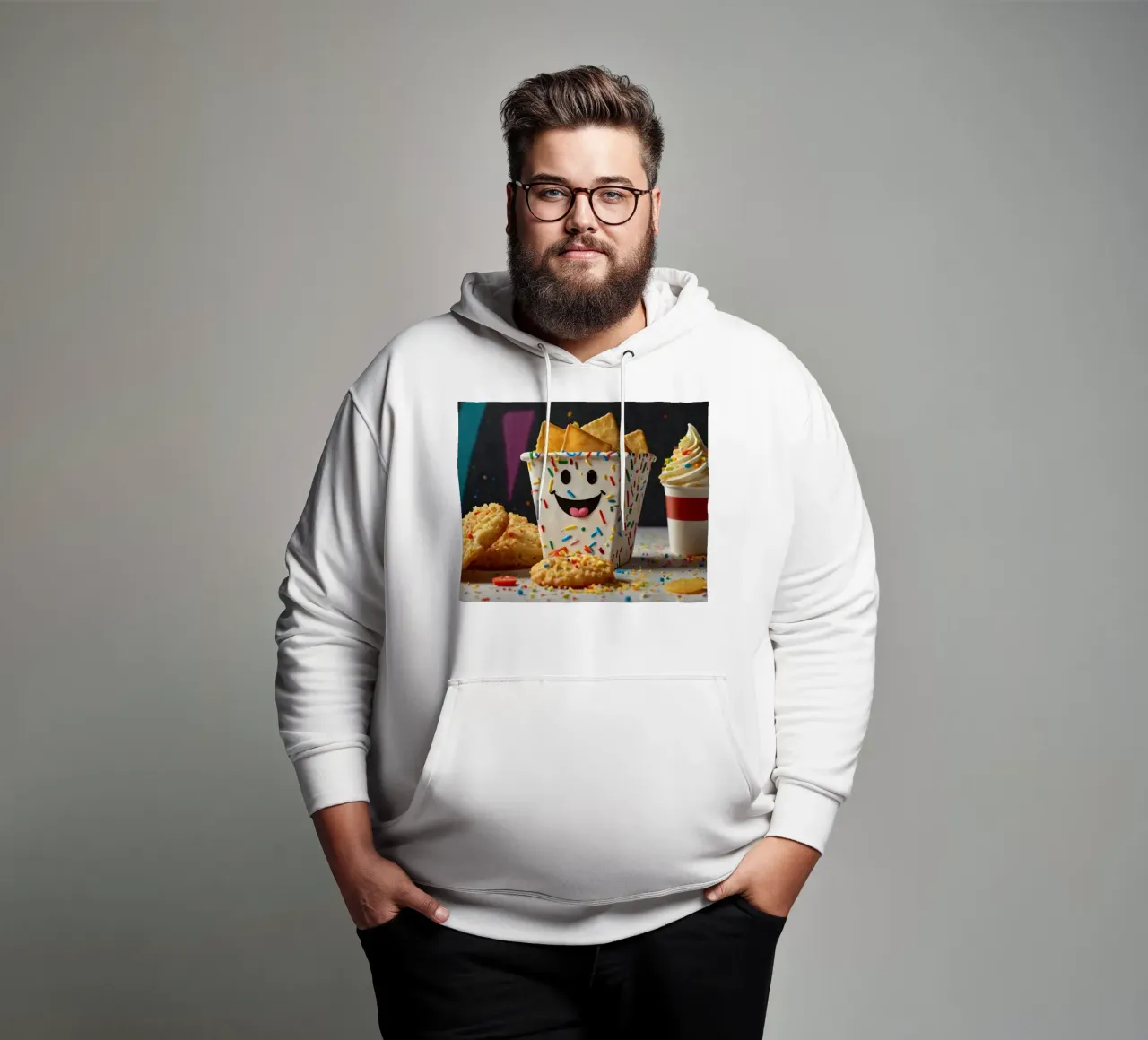 scena del dessert con un allegro contenitore pieno di felpa con cappuccio da DesignDoodle