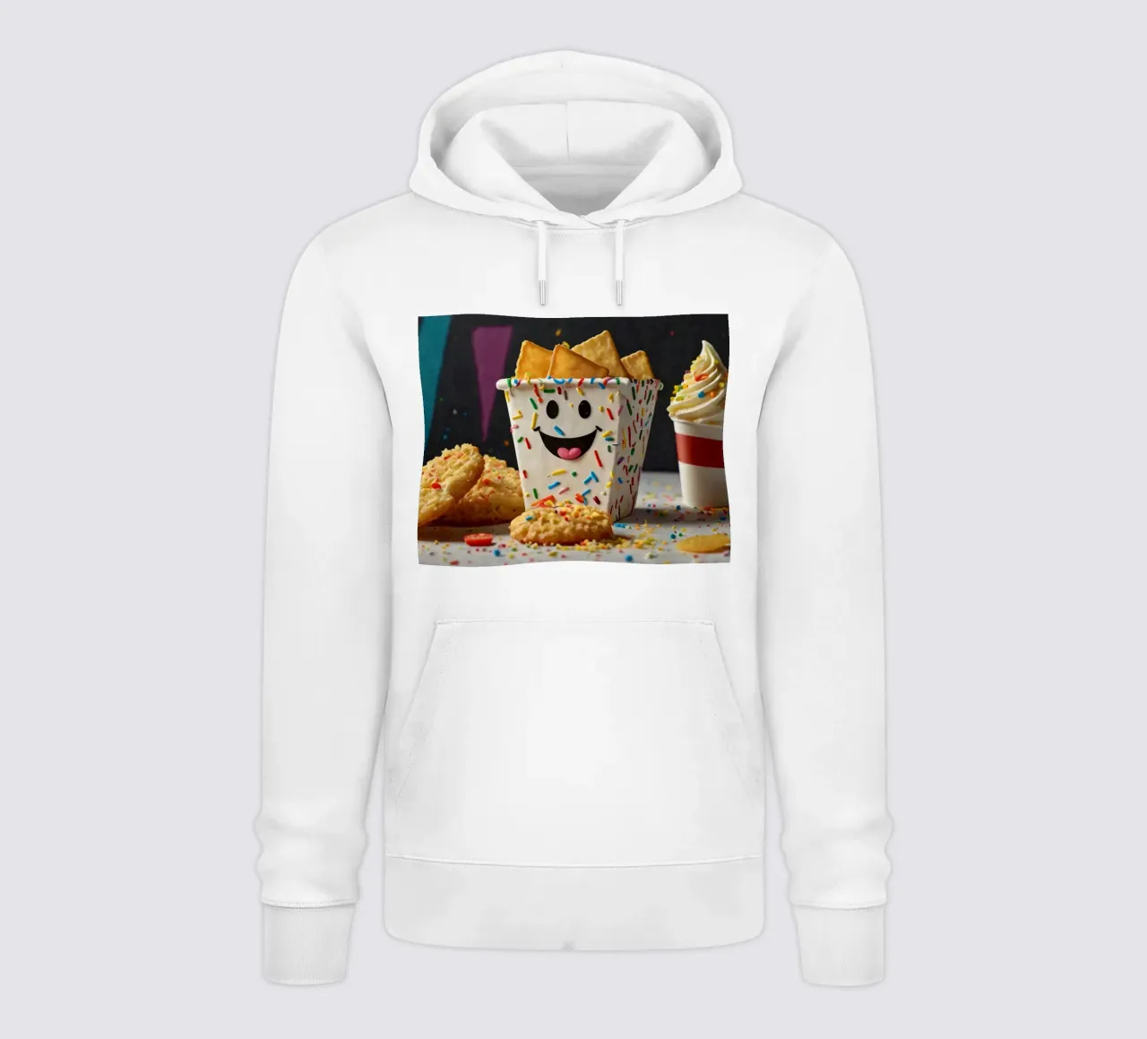 scena del dessert con un allegro contenitore pieno di felpa con cappuccio da DesignDoodle