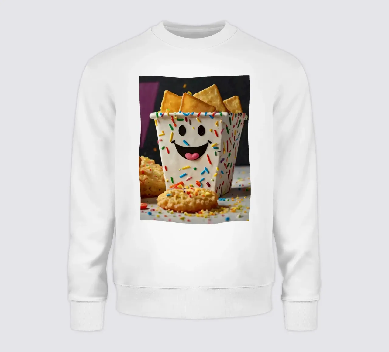 dessert scene featuring a cheerful container filled sweatshirt by DesignDoodle
