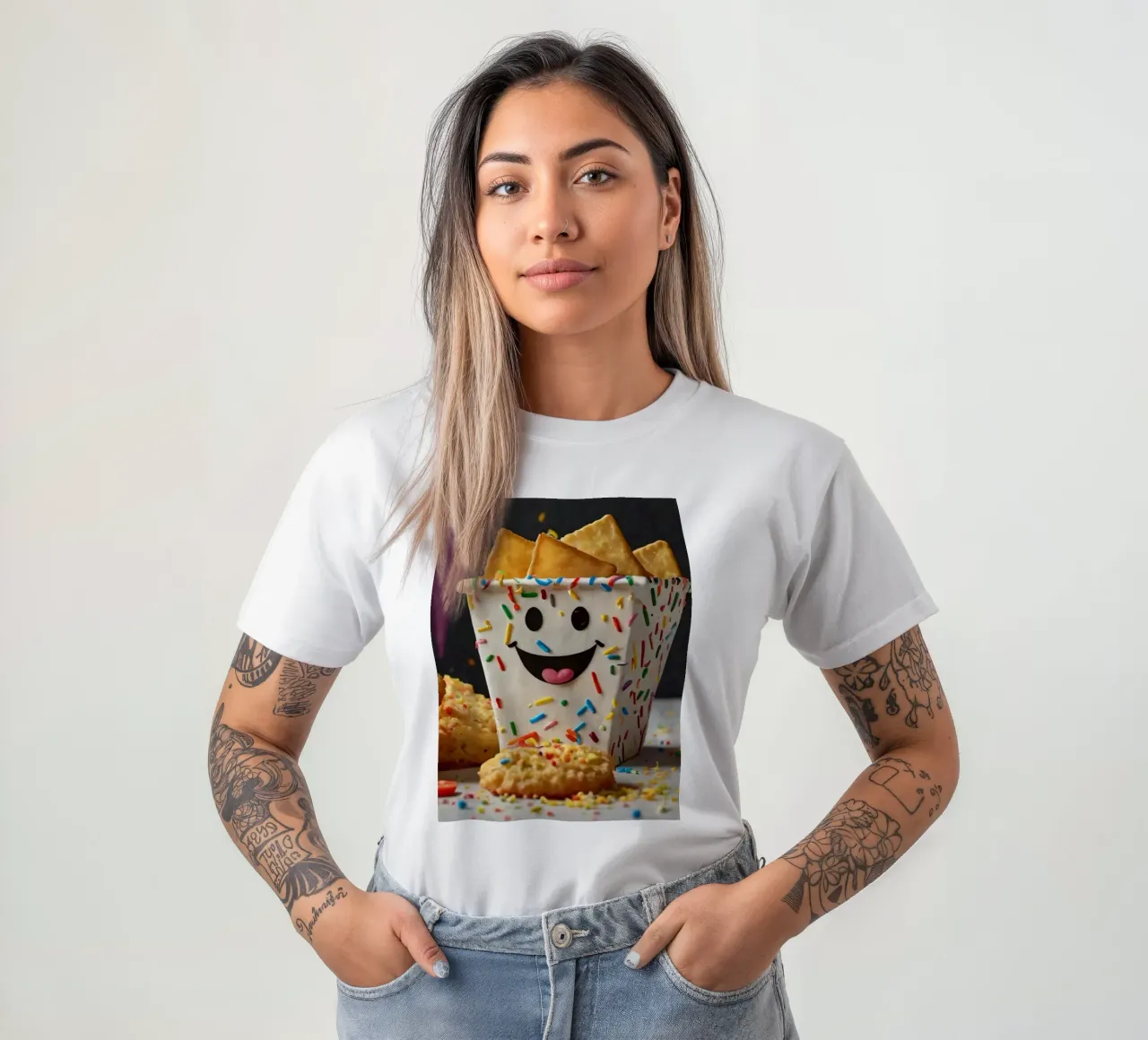 scena del dessert con un allegro contenitore pieno di t-shirt da DesignDoodle