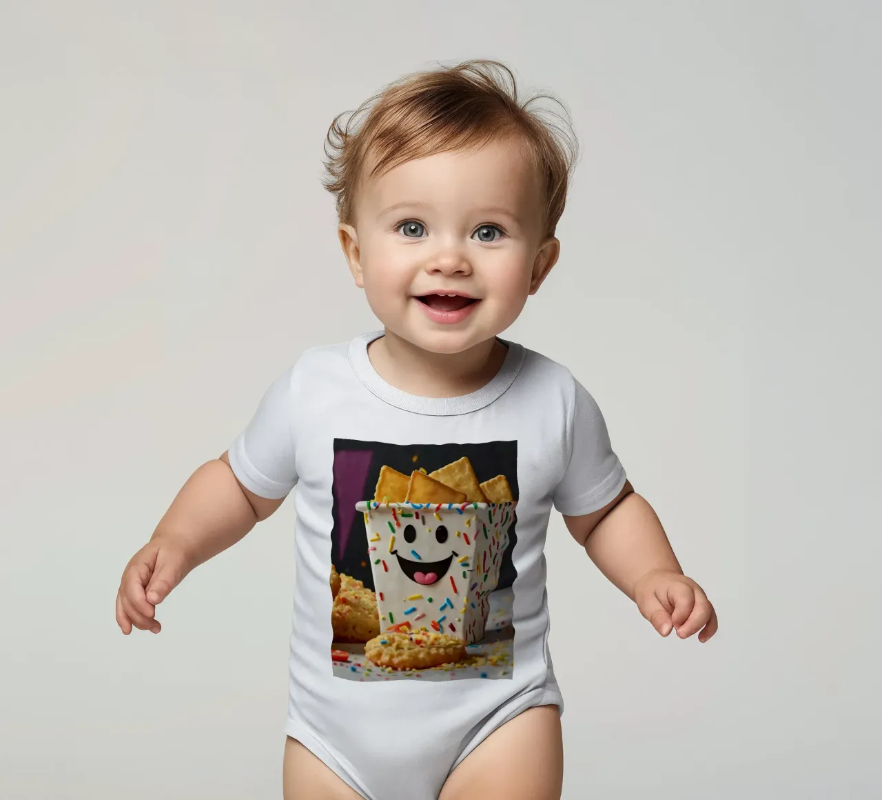scena del dessert con un allegro contenitore pieno di body neonato maniche corte da DesignDoodle