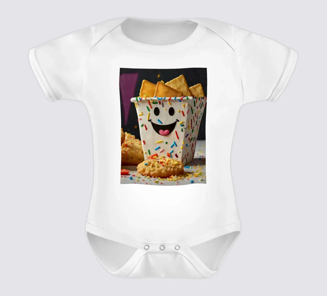 scena del dessert con un allegro contenitore pieno di body neonato maniche corte da DesignDoodle
