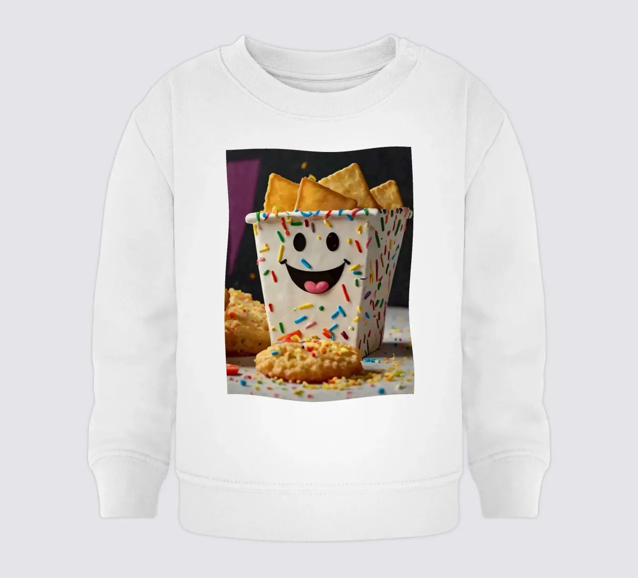 scena del dessert con un allegro contenitore pieno di felpa neonato da DesignDoodle