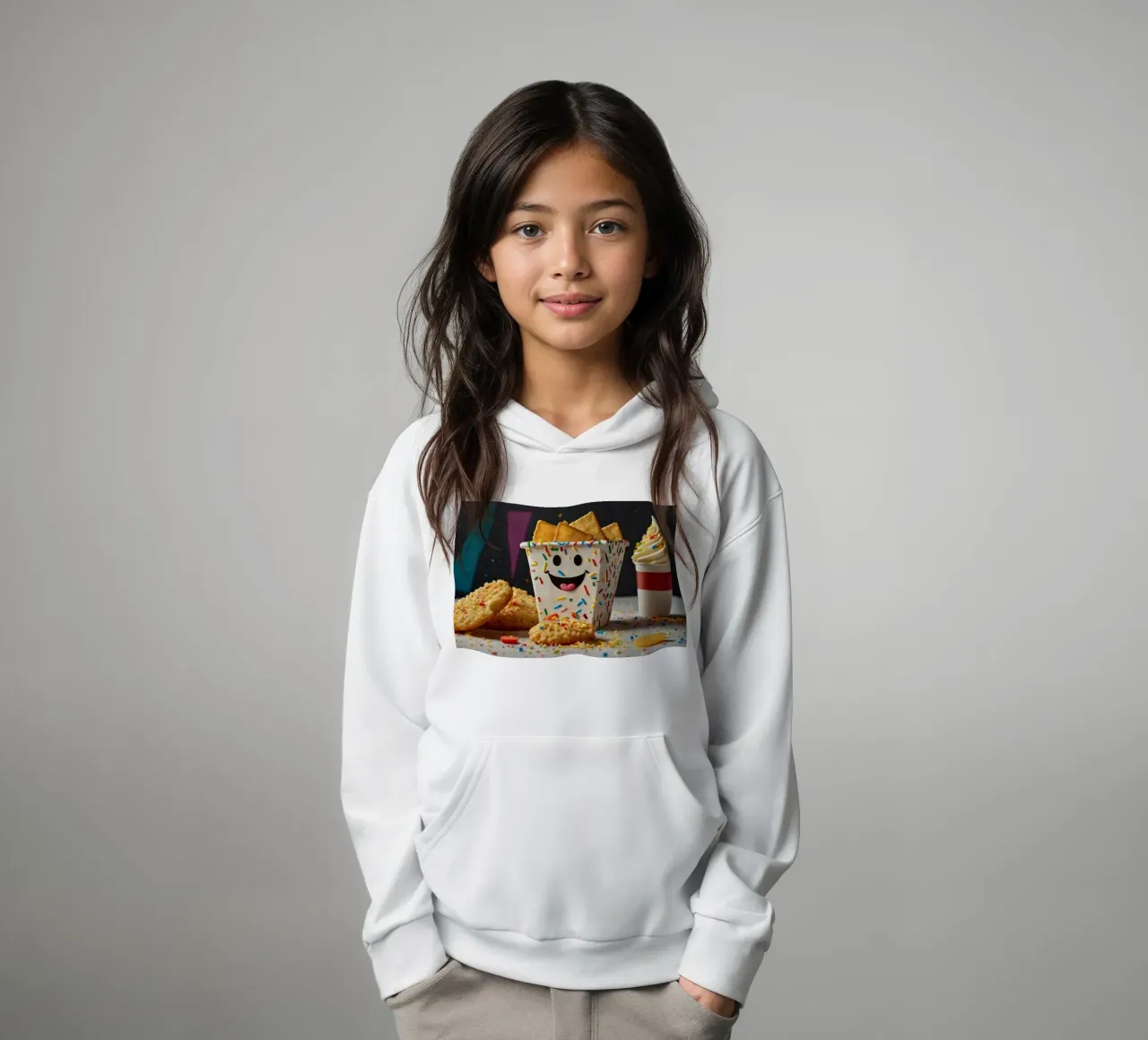 scena del dessert con un allegro contenitore pieno di felpa bambino con cappuccio da DesignDoodle