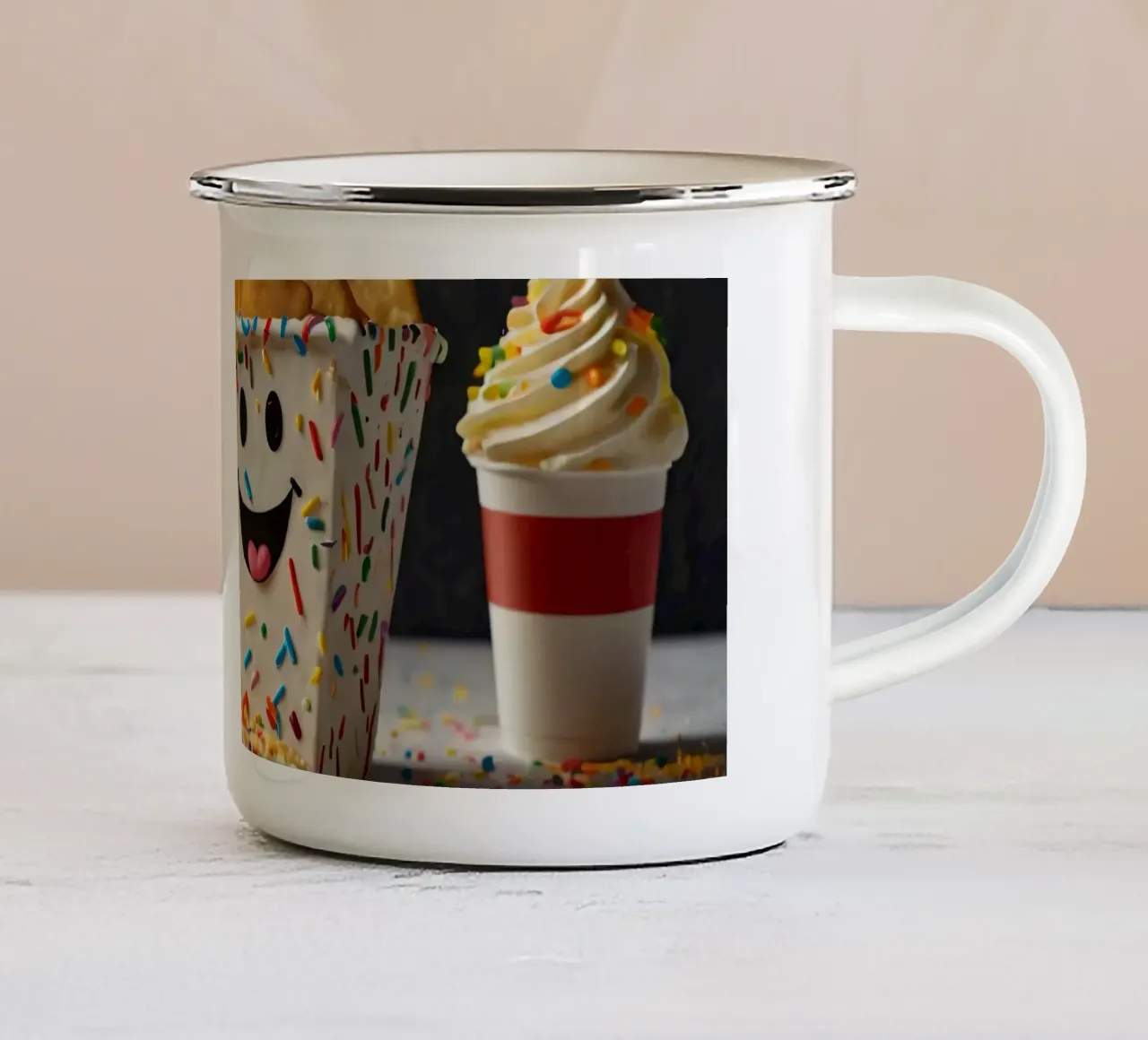 scena del dessert con un allegro contenitore pieno di tazza in smalto da DesignDoodle