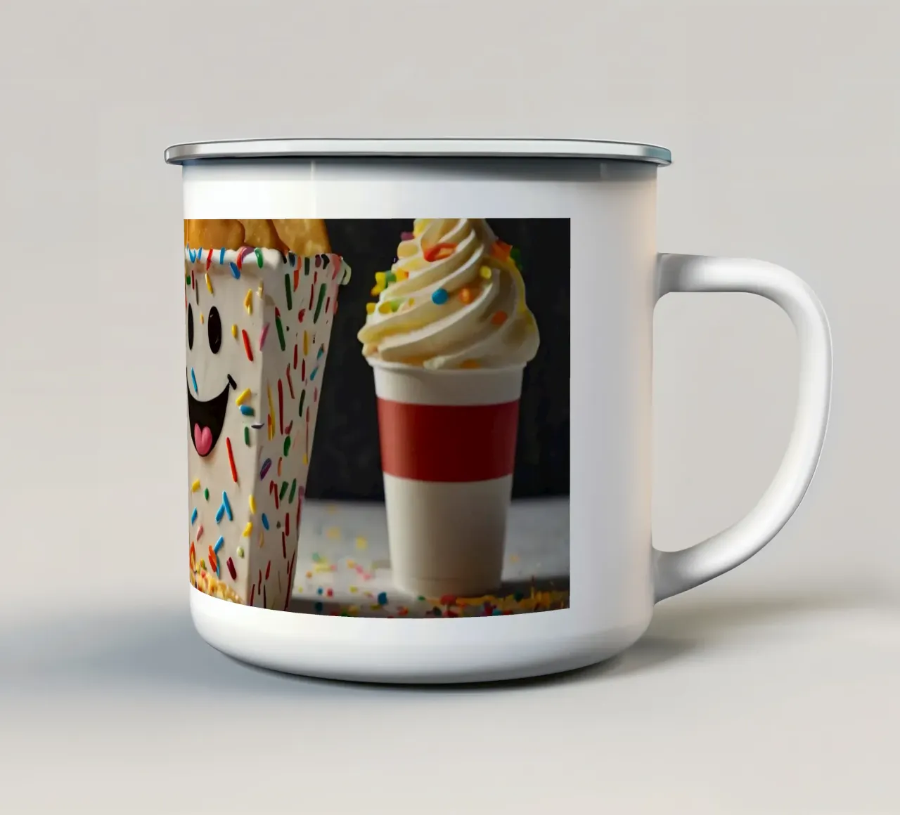 scena del dessert con un allegro contenitore pieno di tazza in smalto da DesignDoodle