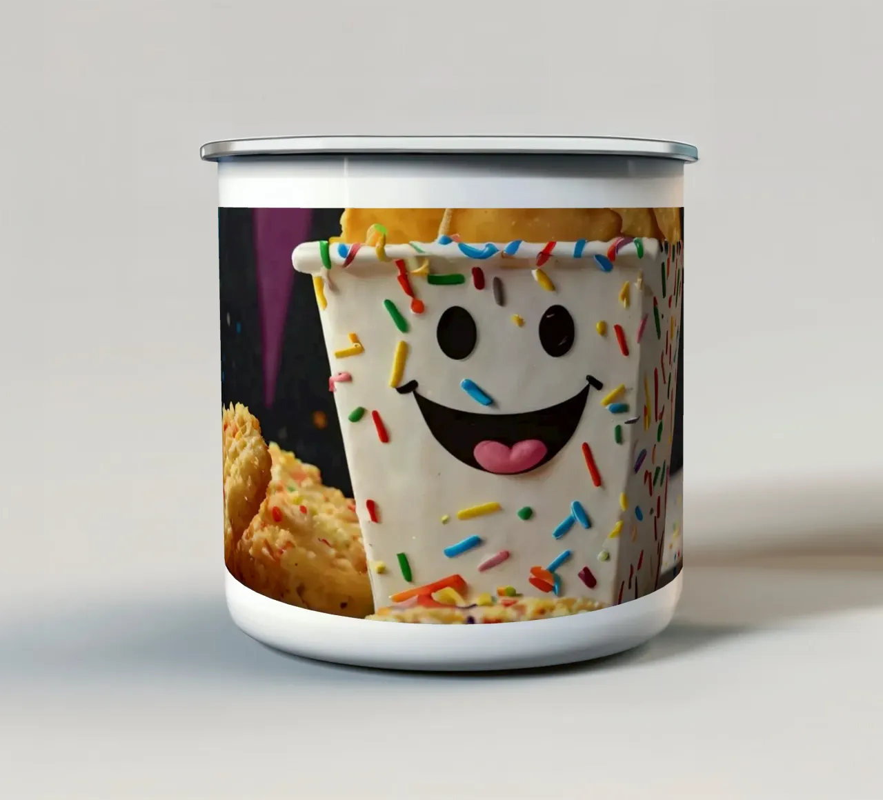 scena del dessert con un allegro contenitore pieno di tazza in smalto da DesignDoodle