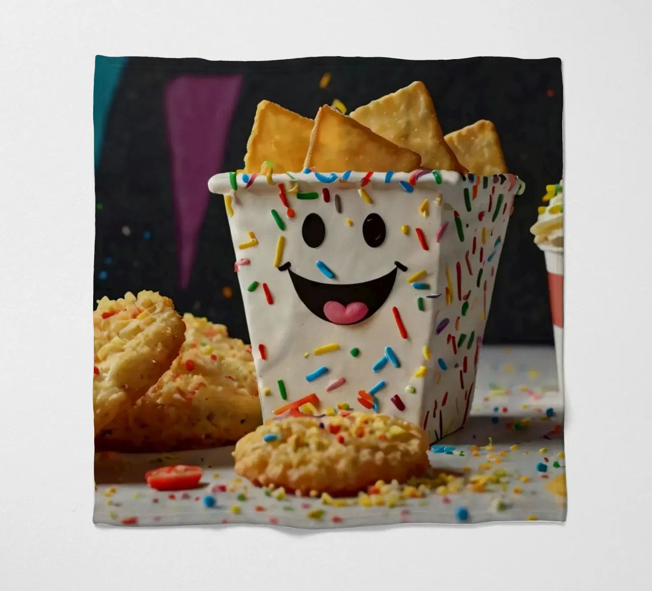 scena del dessert con un allegro contenitore pieno di coperta in pile da DesignDoodle