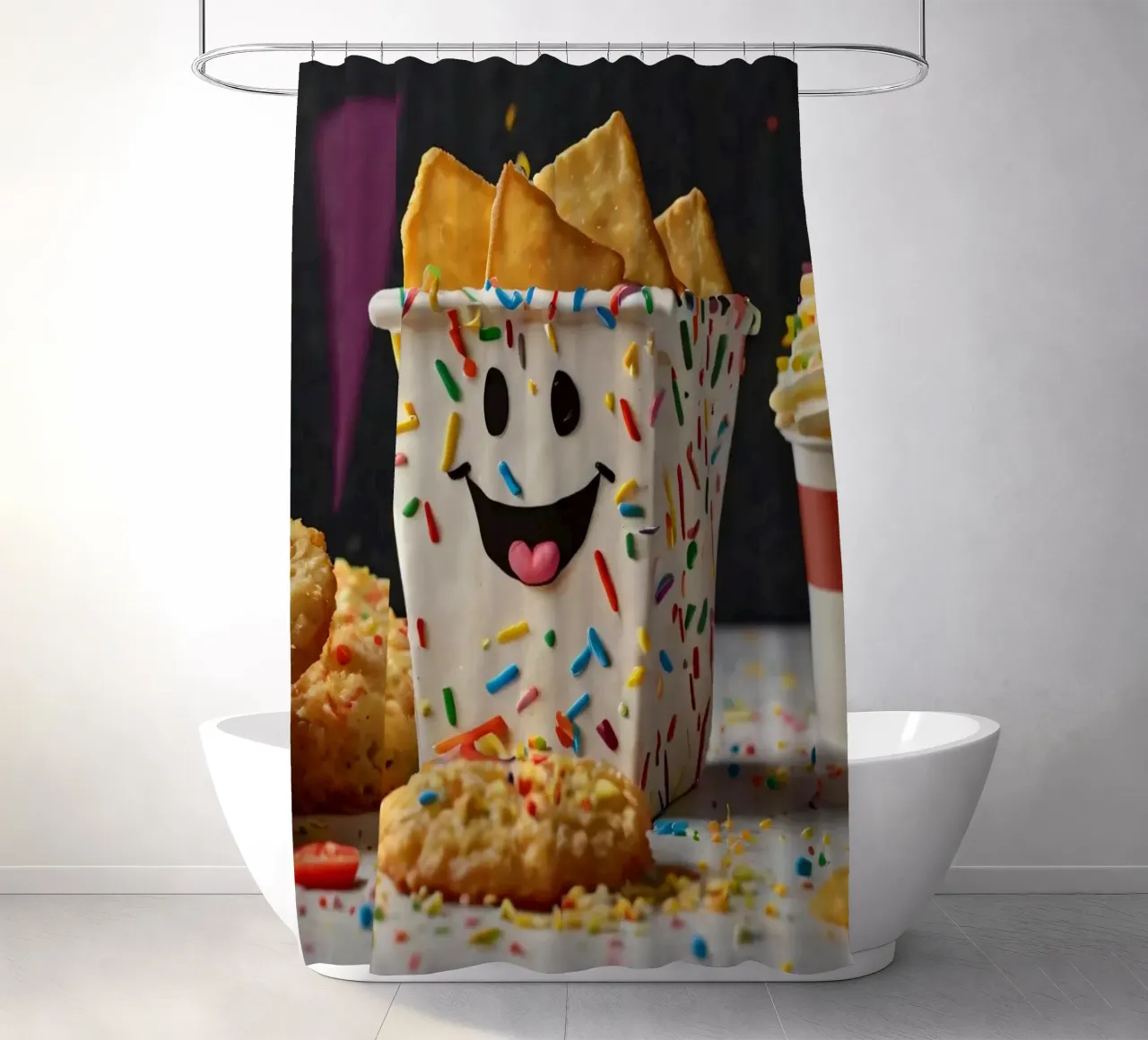 scena del dessert con un allegro contenitore pieno di tenda da doccia da DesignDoodle