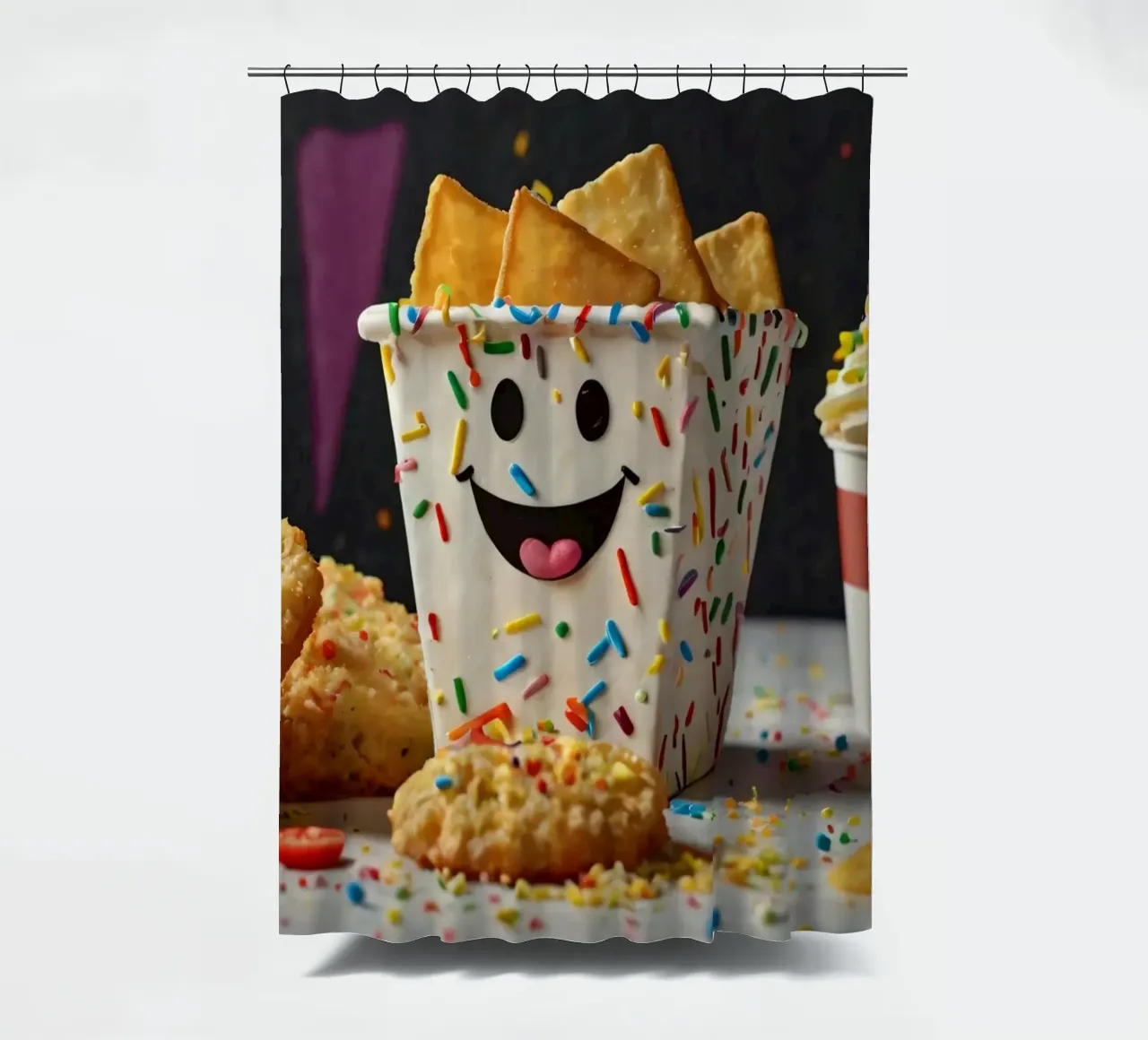 scena del dessert con un allegro contenitore pieno di tenda da doccia da DesignDoodle