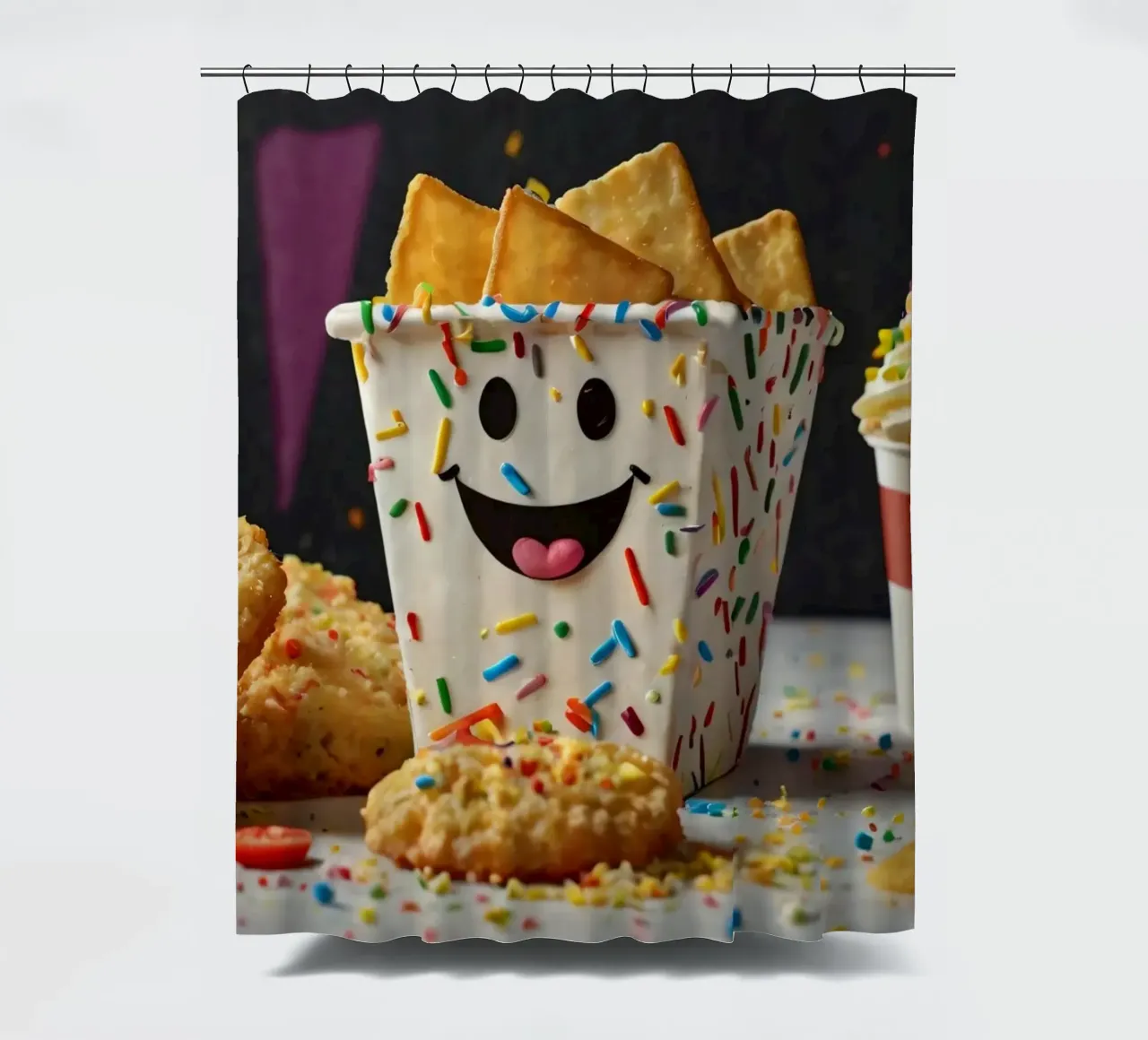 scena del dessert con un allegro contenitore pieno di tenda da doccia da DesignDoodle