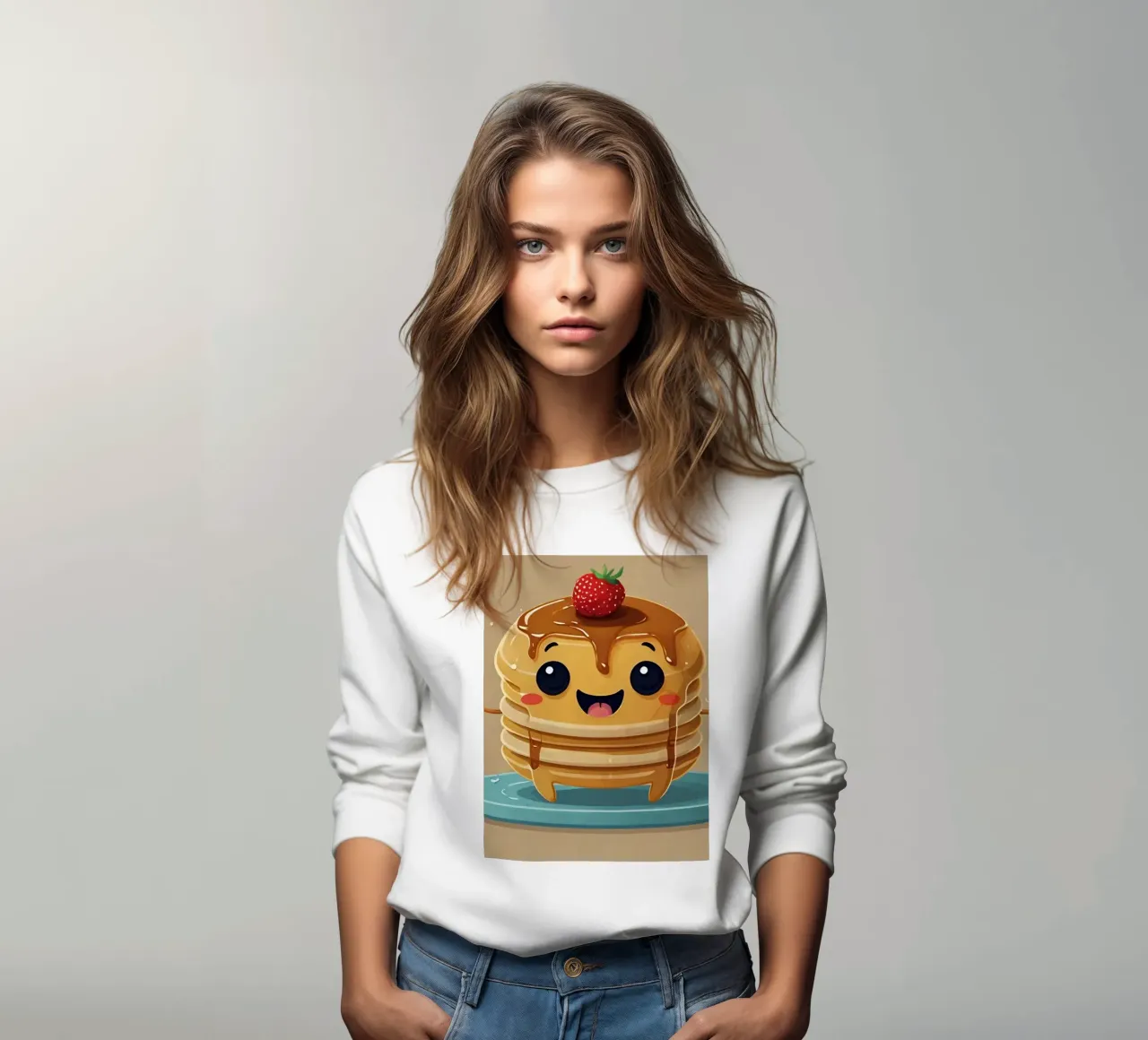 Cute animated pancake character with syrup & strawberry sweatshirt by DesignDoodle