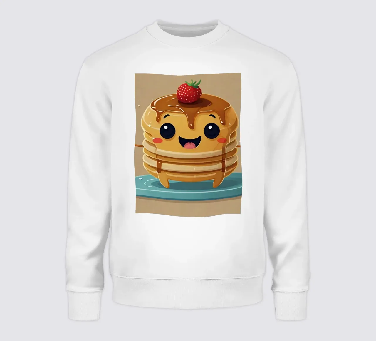Cute animated pancake character with syrup & strawberry sweatshirt by DesignDoodle