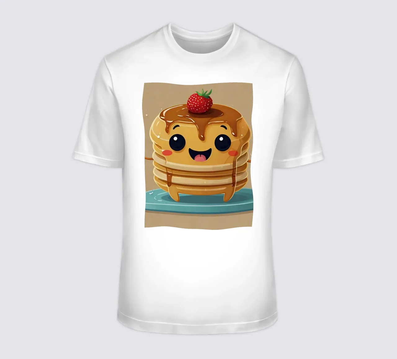 Simpatico personaggio animato di pancake con sciroppo e fragola t-shirt da DesignDoodle