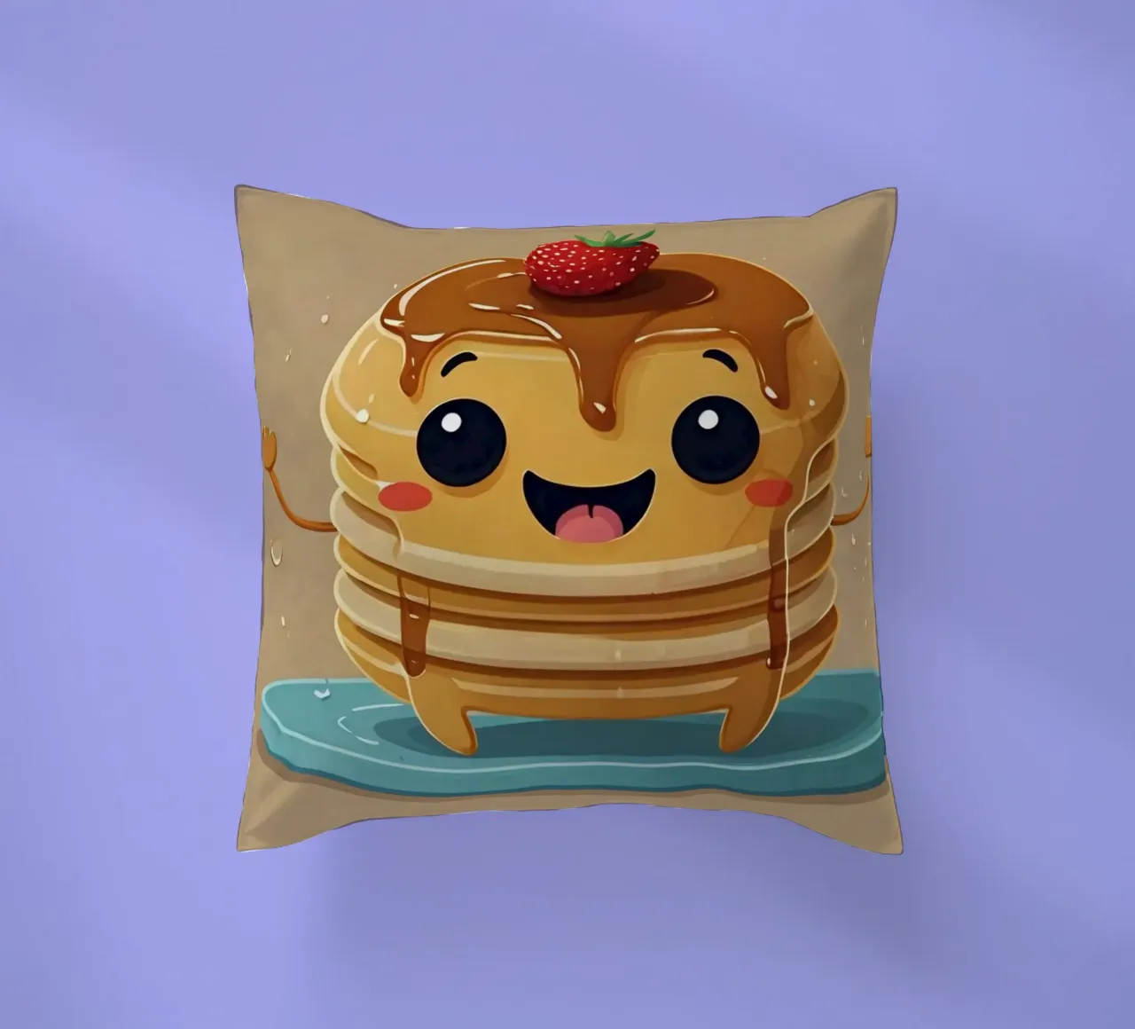Simpatico personaggio animato di pancake con sciroppo e fragola cuscino da DesignDoodle
