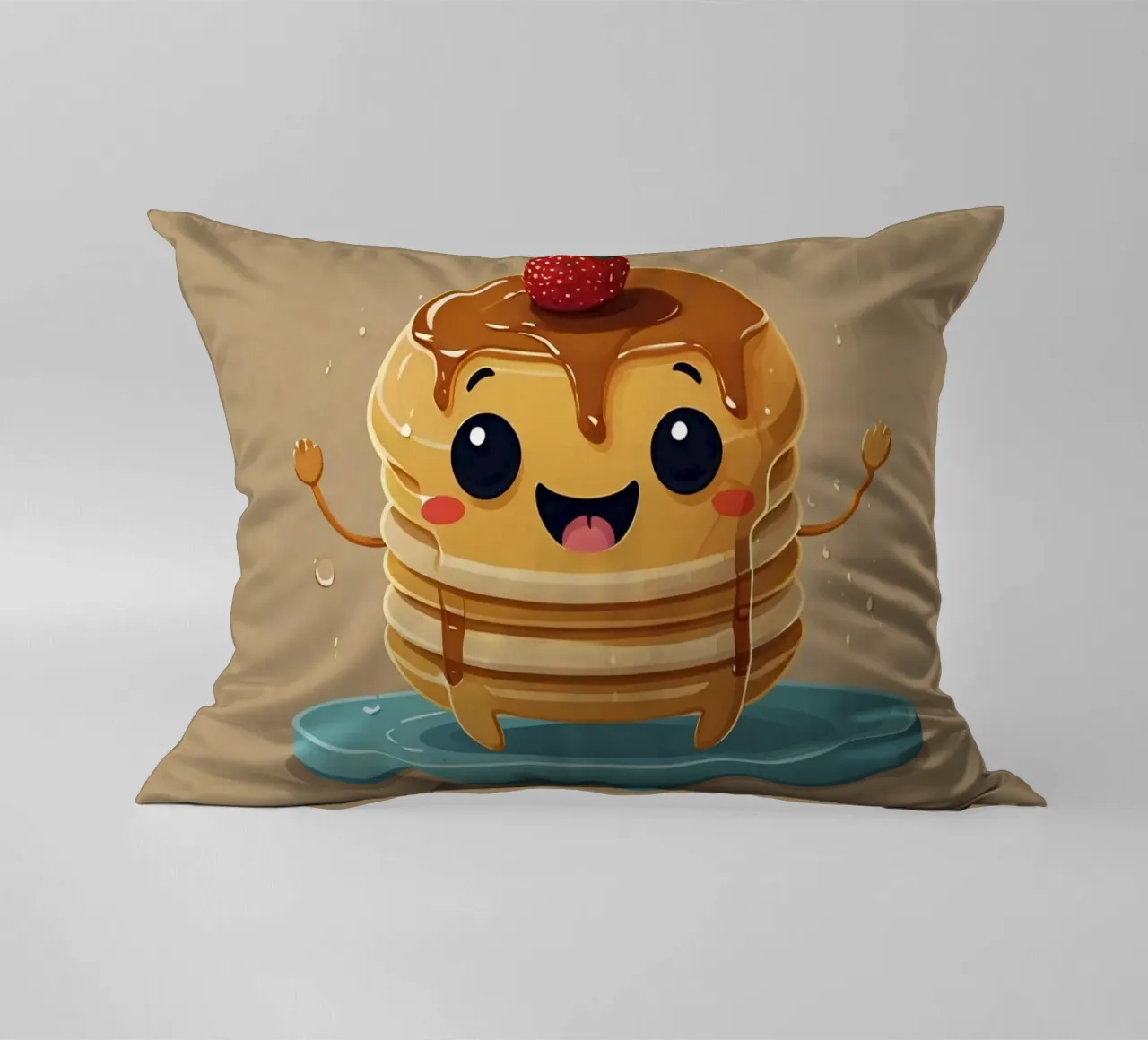 Simpatico personaggio animato di pancake con sciroppo e fragola cuscino da DesignDoodle