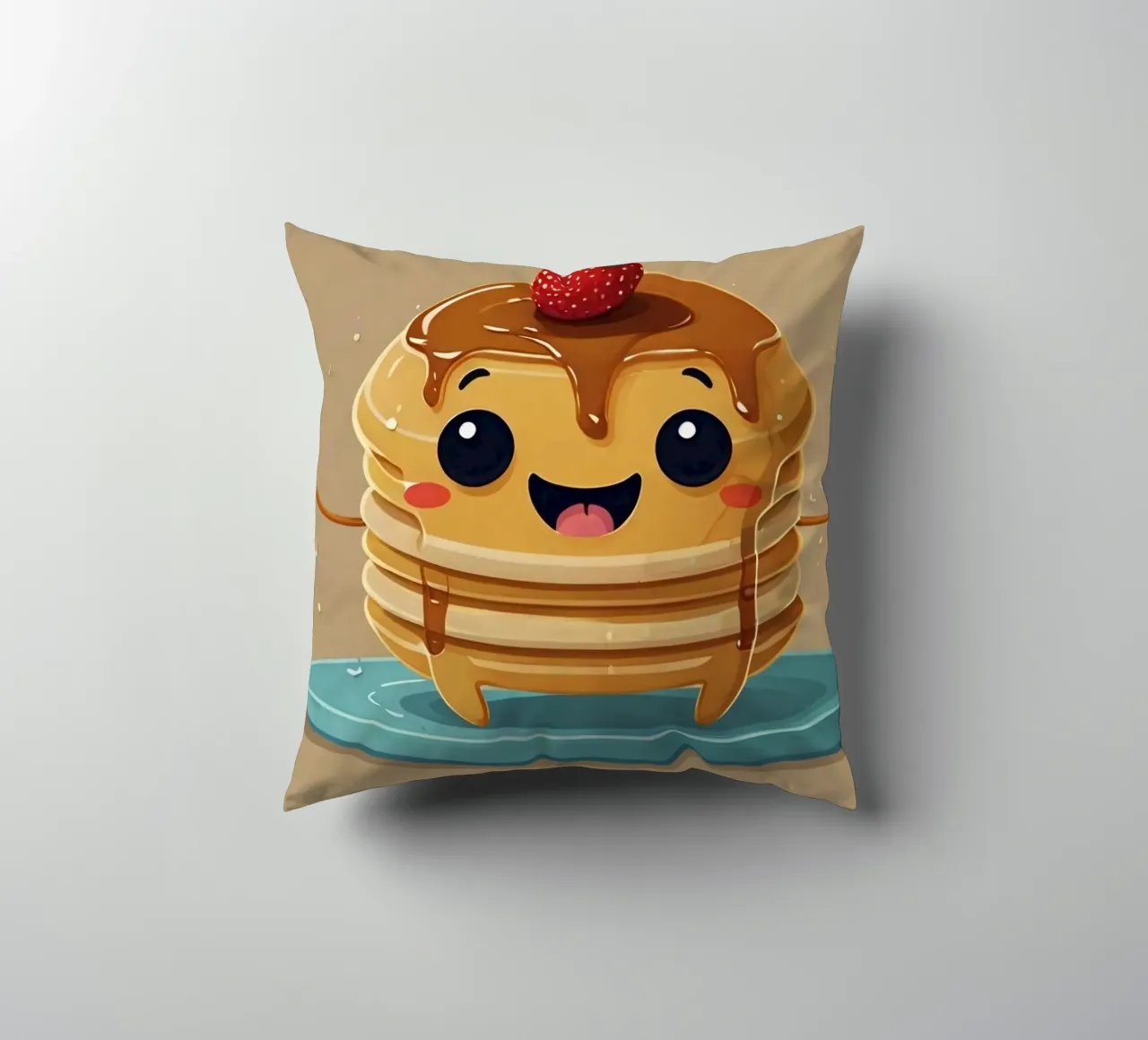 Simpatico personaggio animato di pancake con sciroppo e fragola cuscino da DesignDoodle