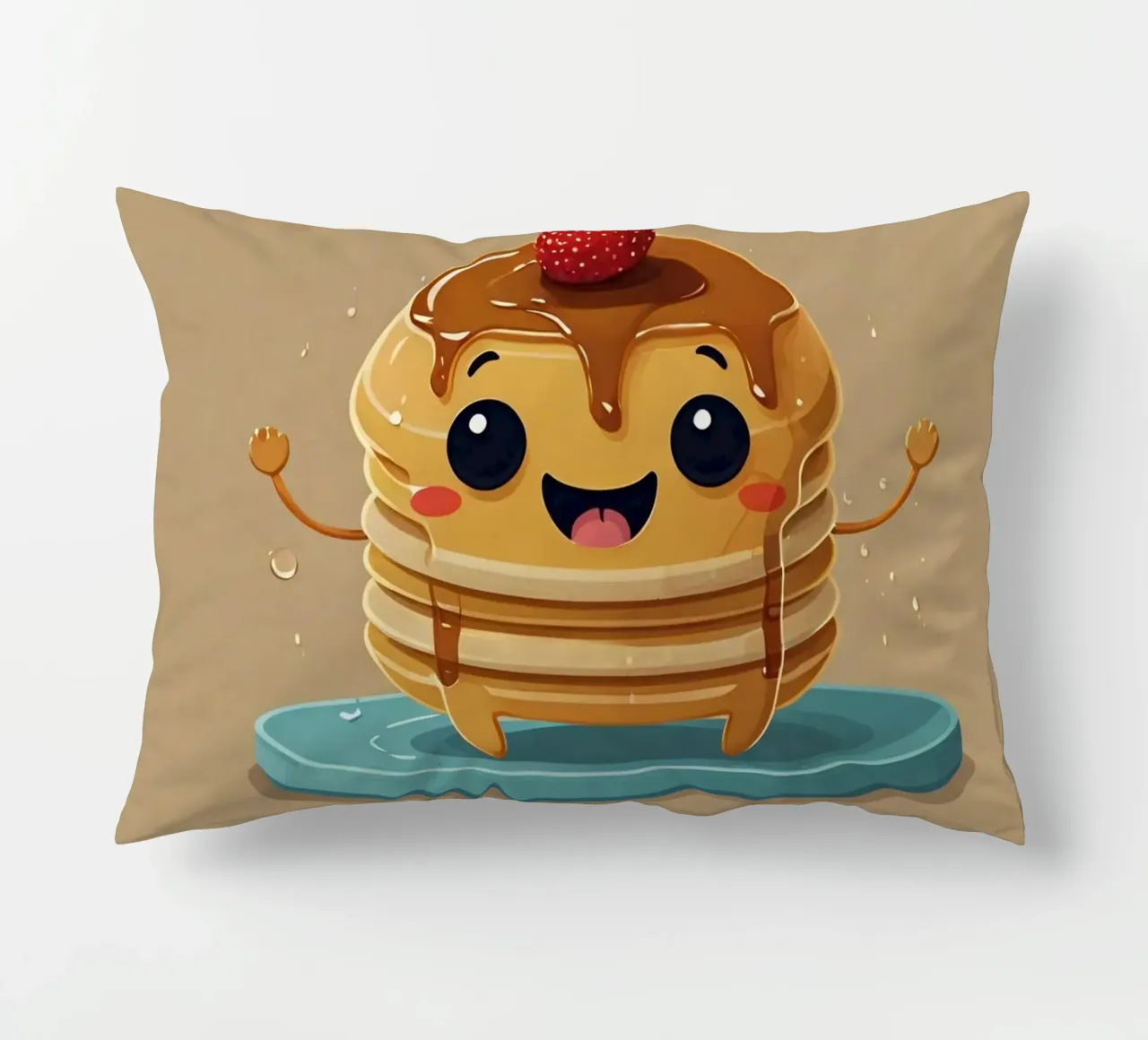 Simpatico personaggio animato di pancake con sciroppo e fragola cuscino da DesignDoodle