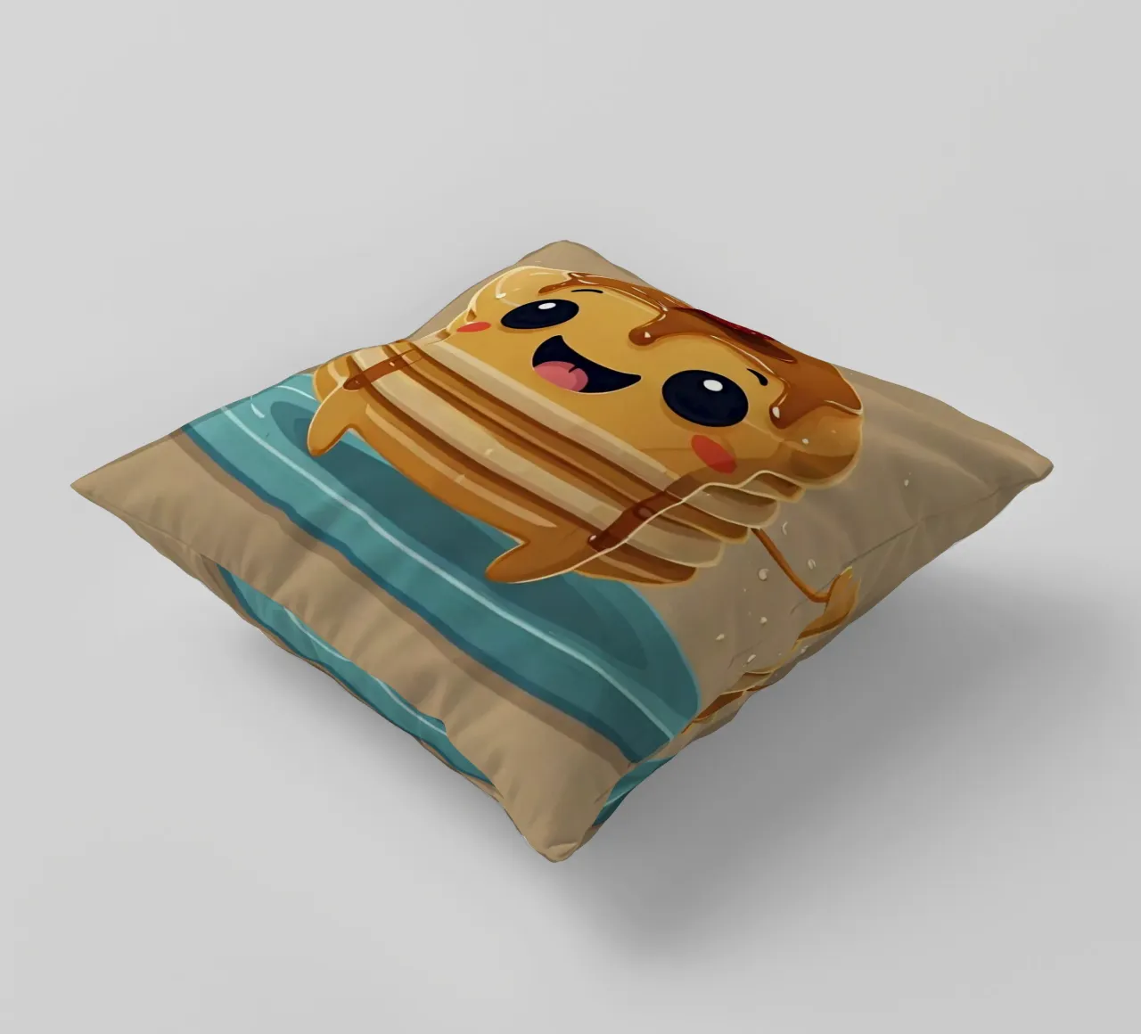 Simpatico personaggio animato di pancake con sciroppo e fragola cuscino da DesignDoodle