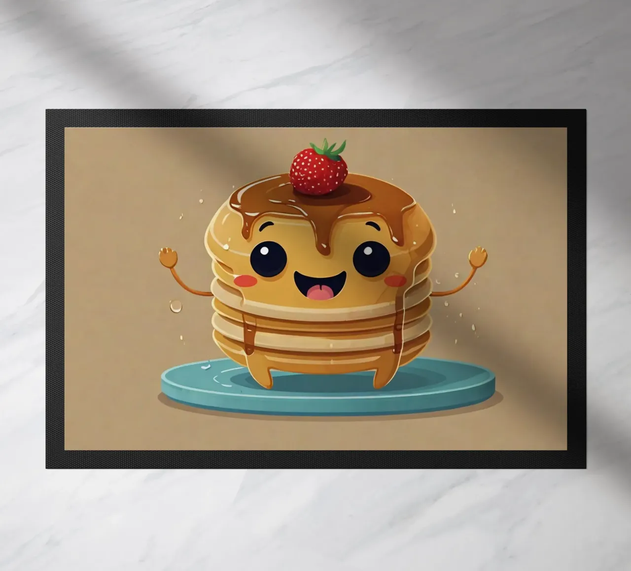 Simpatico personaggio animato di pancake con sciroppo e fragola zerbino da DesignDoodle