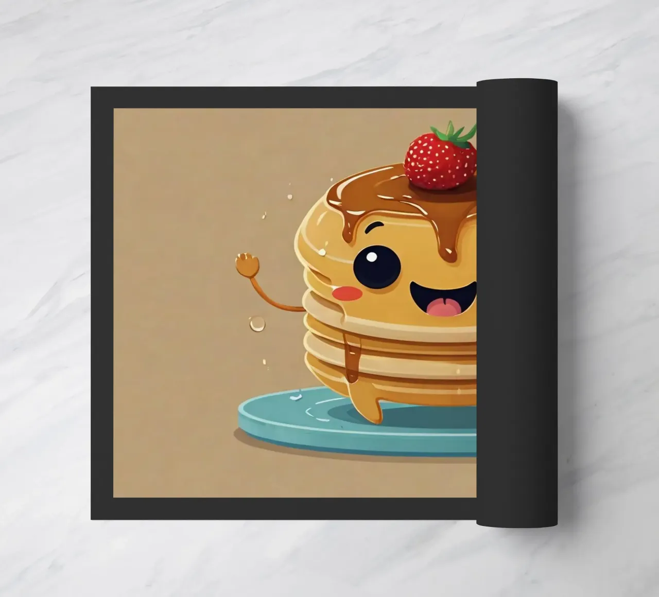 Simpatico personaggio animato di pancake con sciroppo e fragola zerbino da DesignDoodle