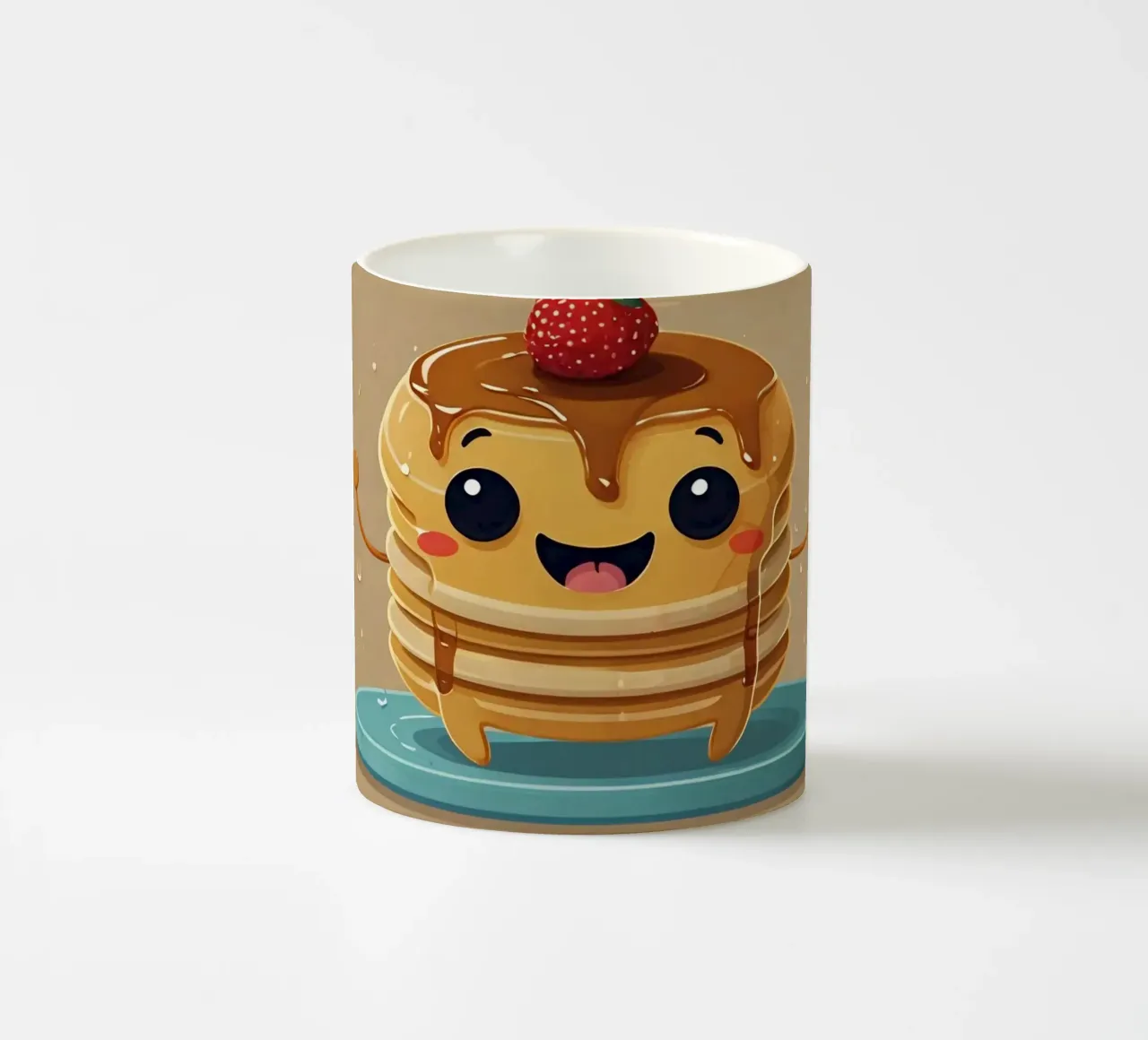 Simpatico personaggio animato di pancake con sciroppo e fragola tazza in ceramica da DesignDoodle