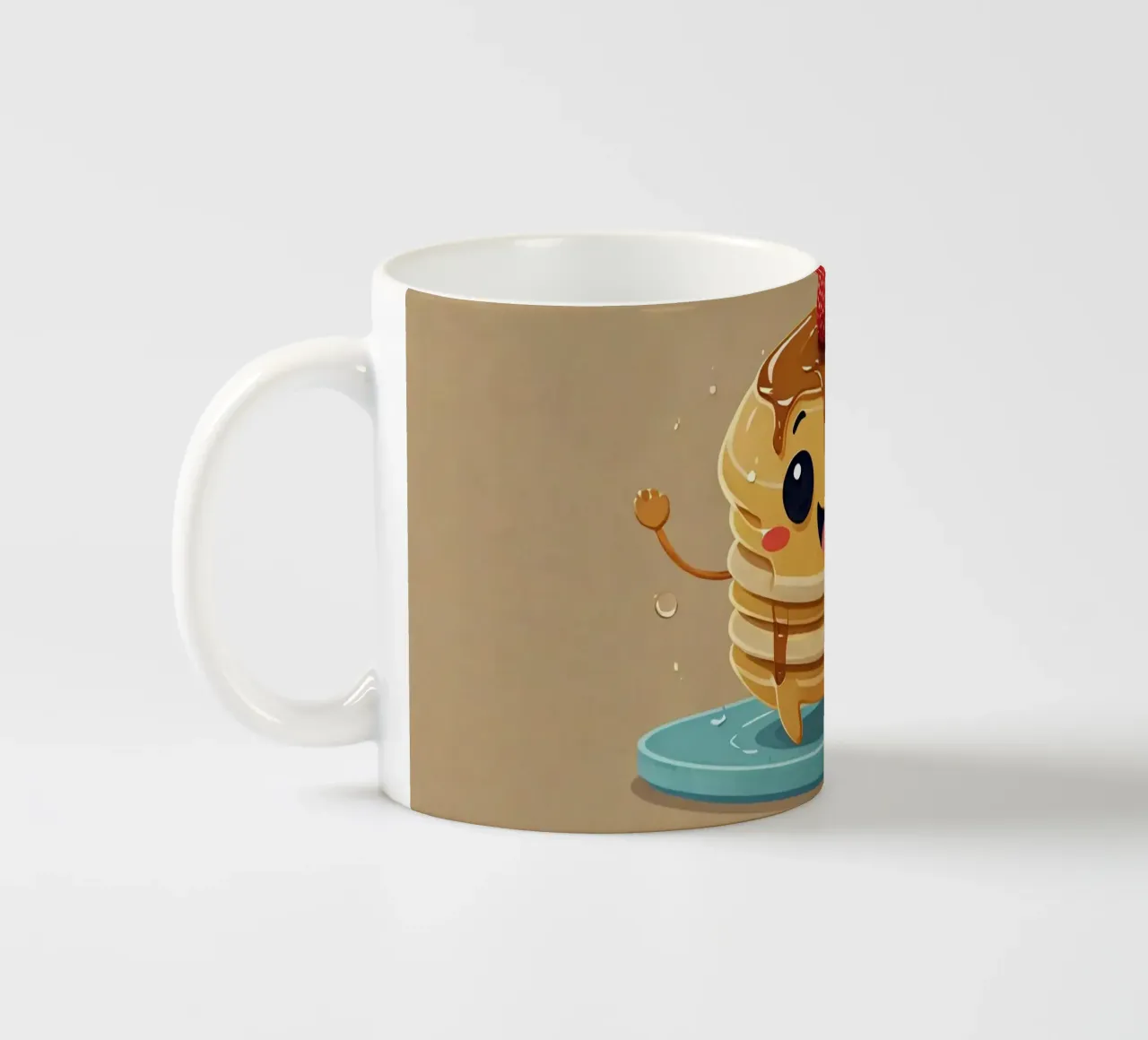 Simpatico personaggio animato di pancake con sciroppo e fragola tazza in ceramica da DesignDoodle