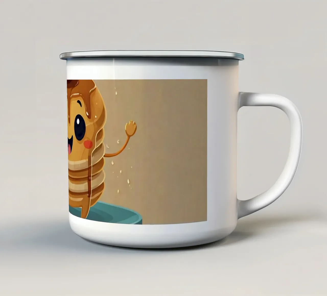 Simpatico personaggio animato di pancake con sciroppo e fragola tazza in smalto da DesignDoodle