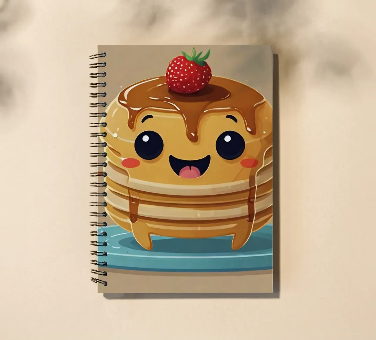 Cute animated pancake character with syrup & strawberry spiral notebook by DesignDoodle