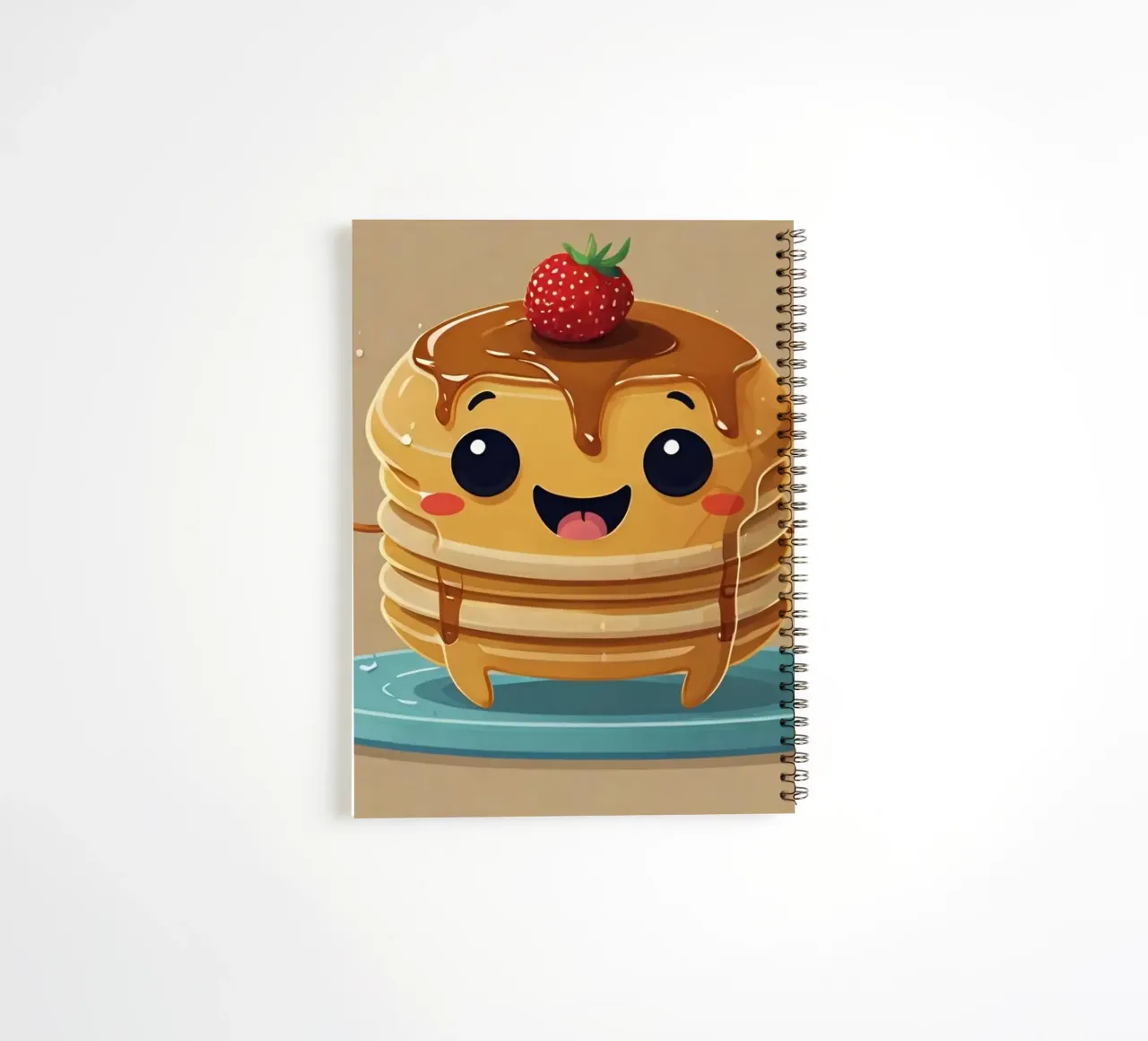 Cute animated pancake character with syrup & strawberry spiral notebook by DesignDoodle