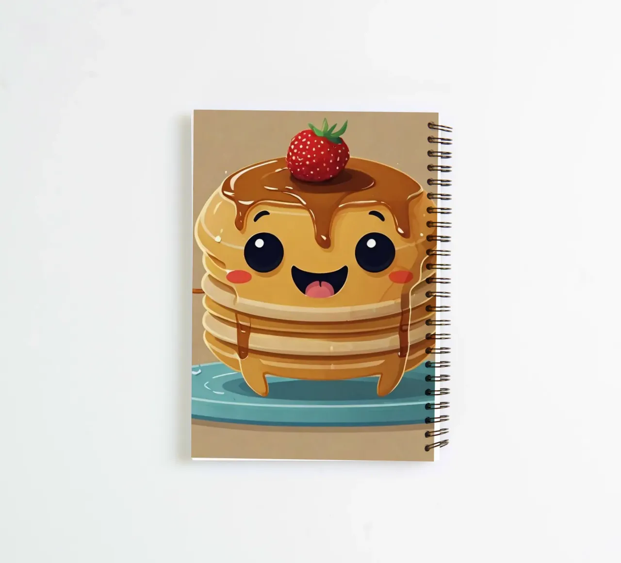 Cute animated pancake character with syrup & strawberry spiral notebook by DesignDoodle