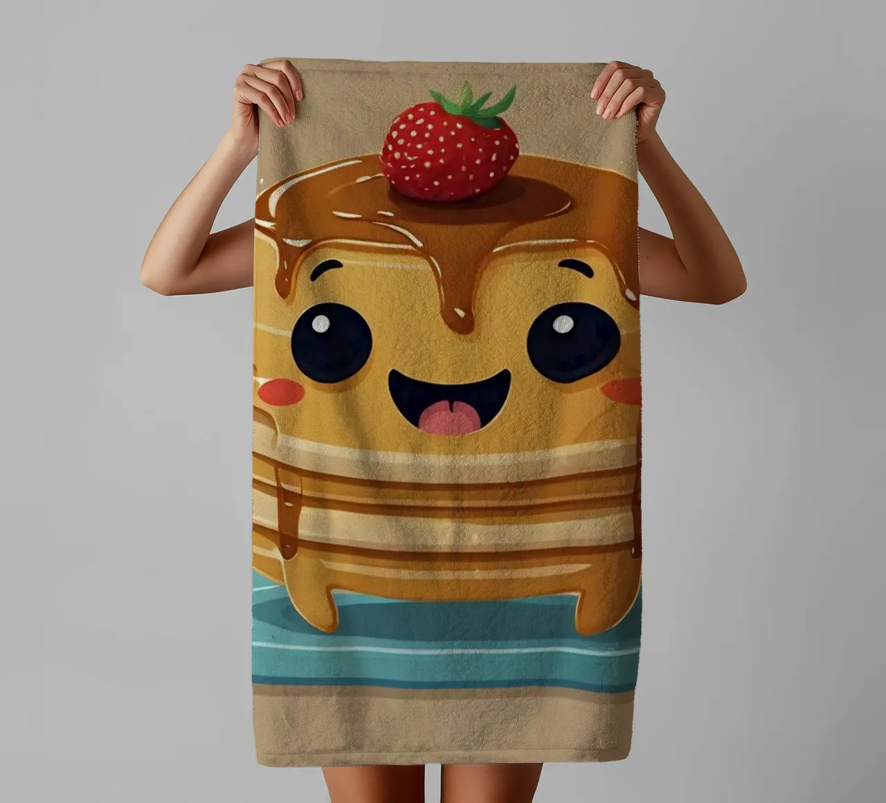 Cute animated pancake character with syrup & strawberry towel by DesignDoodle
