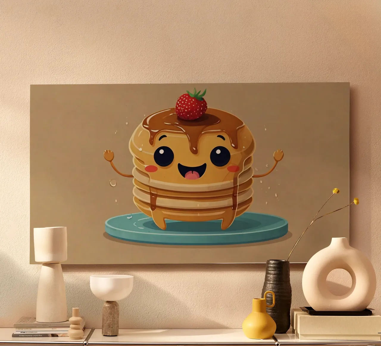 Simpatico personaggio animato di pancake con sciroppo e fragola alluminio dibond da DesignDoodle
