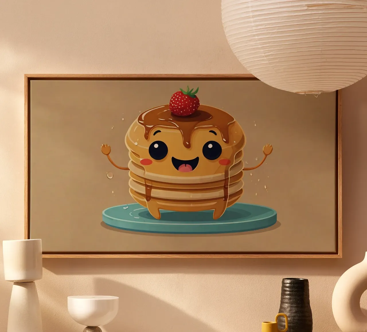 Cute animated pancake character with syrup & strawberry canvas by DesignDoodle