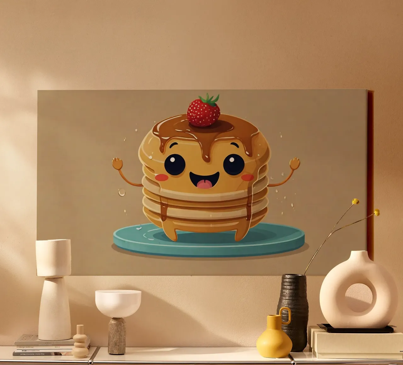 Cute animated pancake character with syrup & strawberry canvas by DesignDoodle