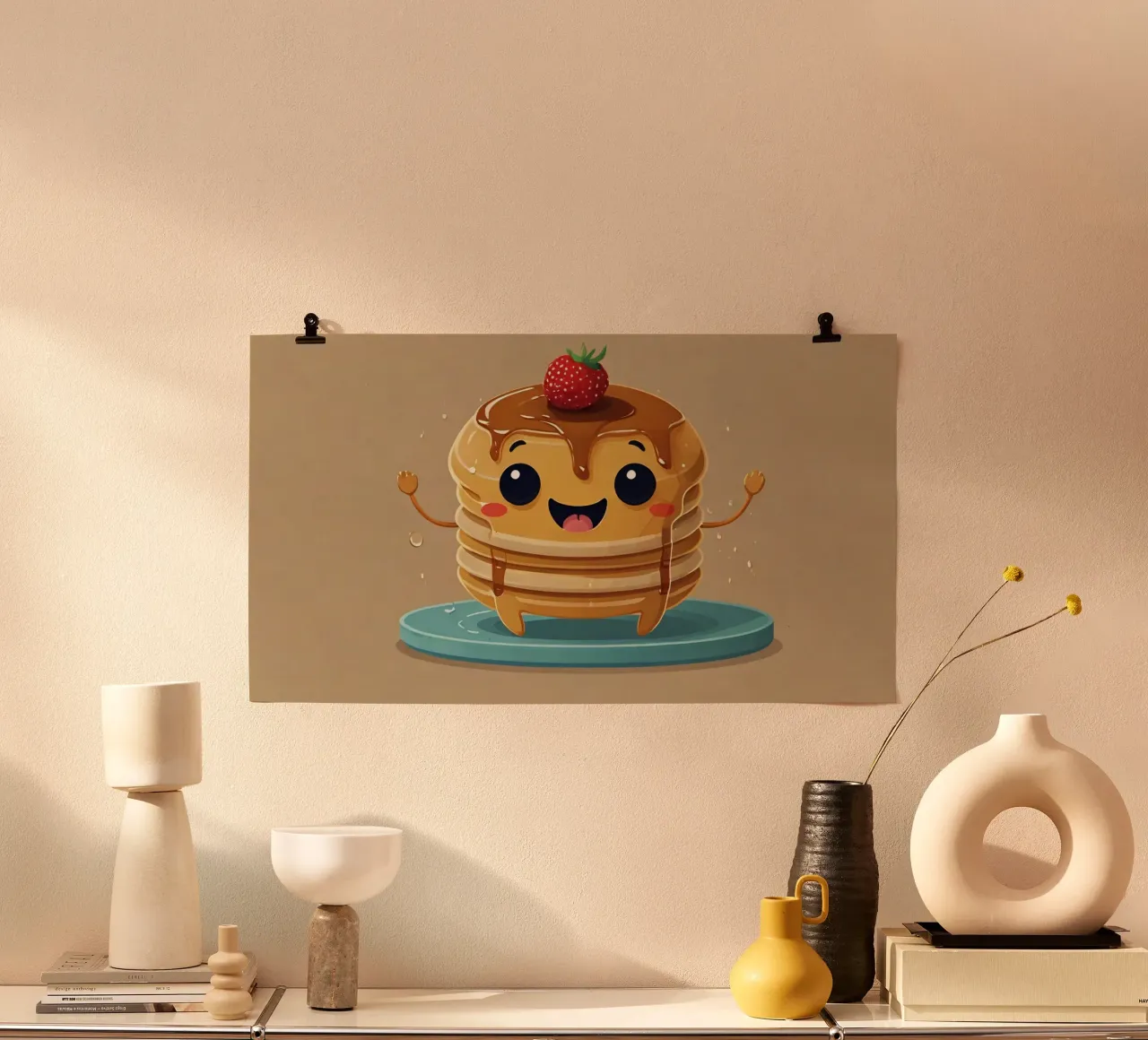Cute animated pancake character with syrup & strawberry hahnemühle by DesignDoodle
