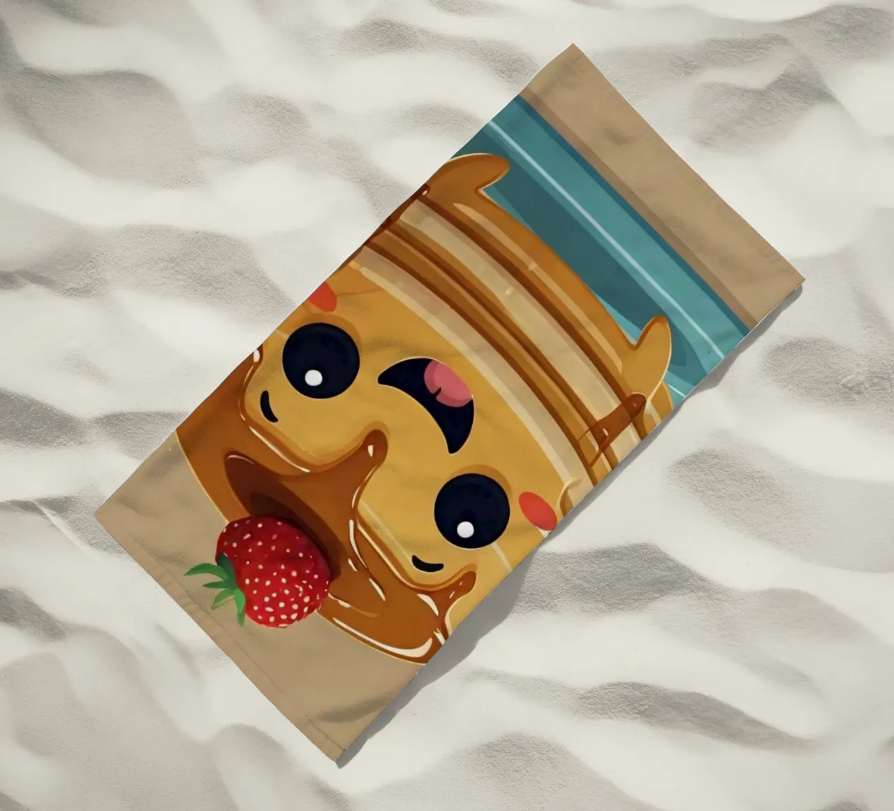 Simpático personaje animado de tortita con sirope y fresa toalla de playa de DesignDoodle