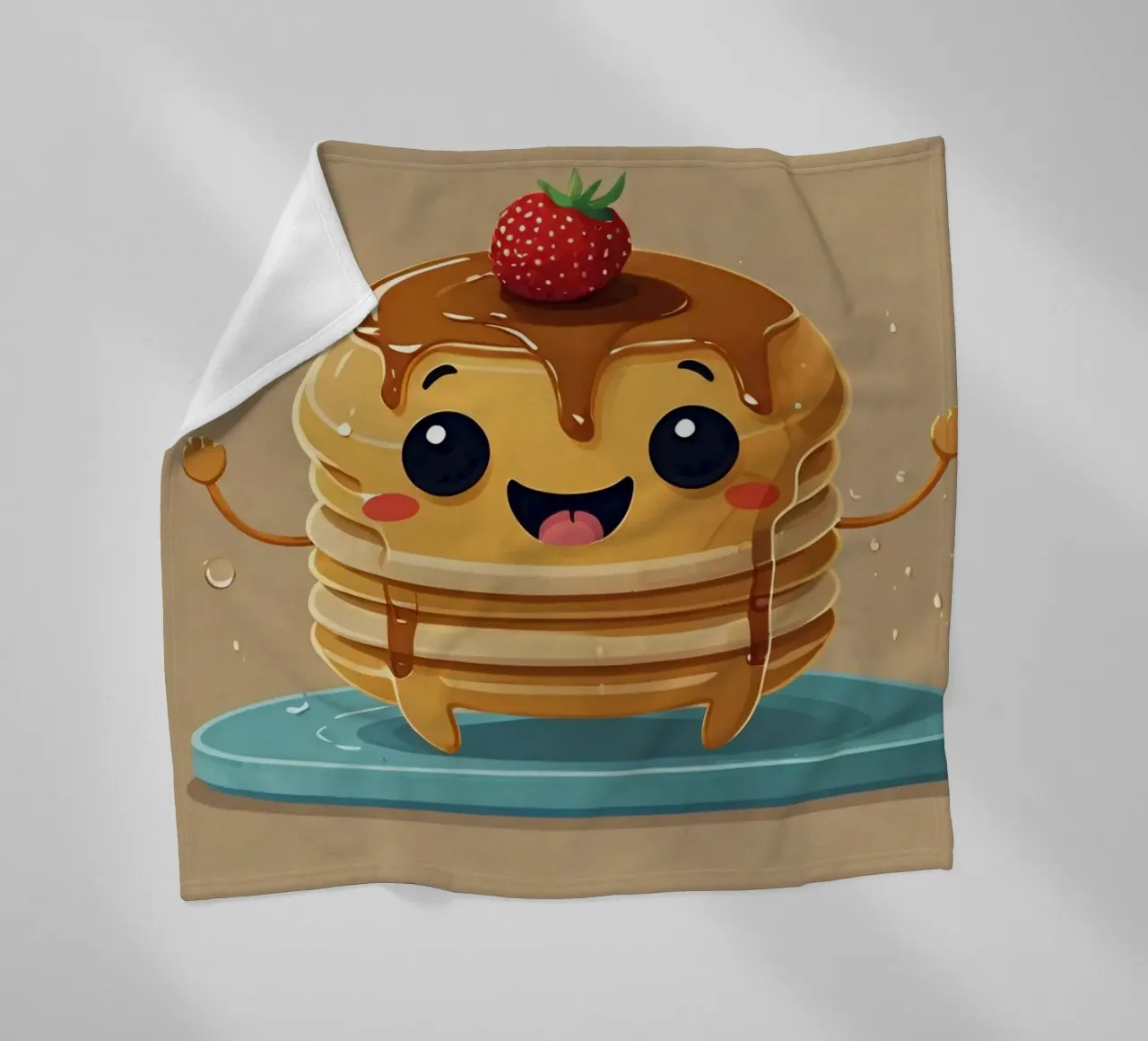 Simpatico personaggio animato di pancake con sciroppo e fragola coperta in pile da DesignDoodle