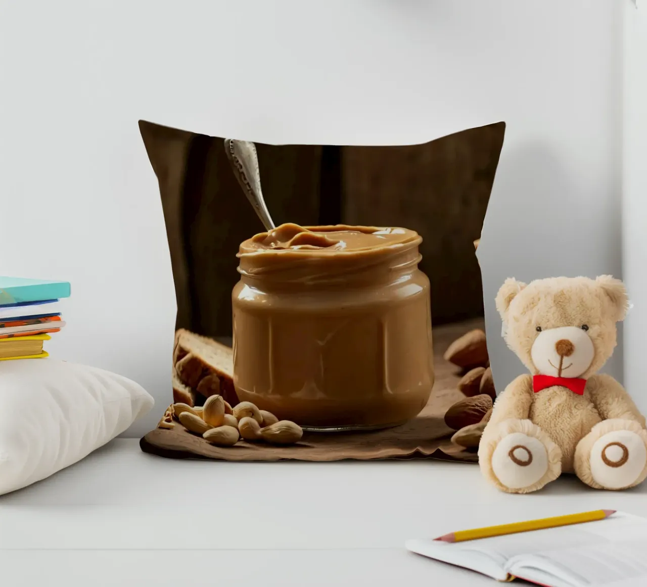 Delicious creamy peanut butter in a jar with sliced bread decorative cushion by DesignDoodle