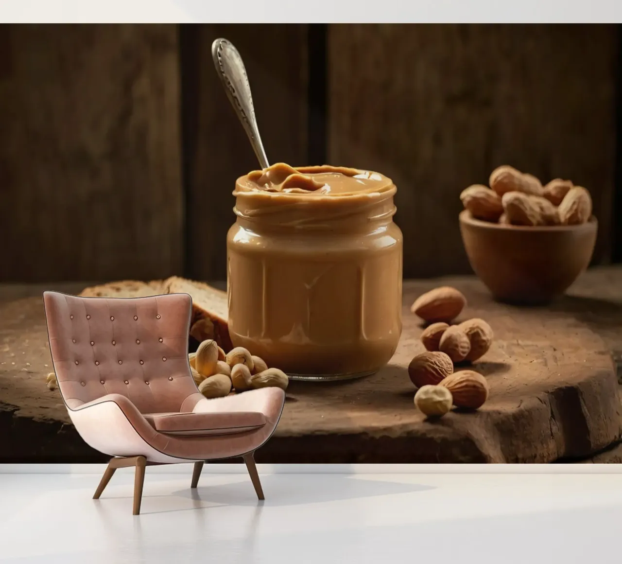 Delicious creamy peanut butter in a jar with sliced bread photo wallpaper by DesignDoodle