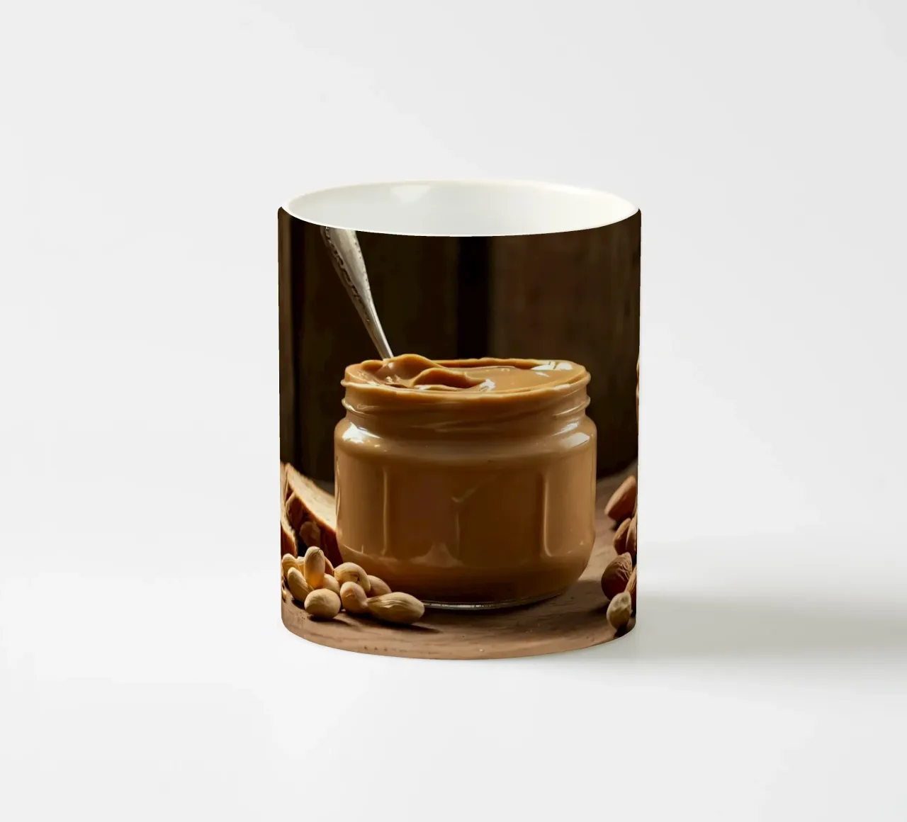 Delicious creamy peanut butter in a jar with sliced bread ceramic mug by DesignDoodle