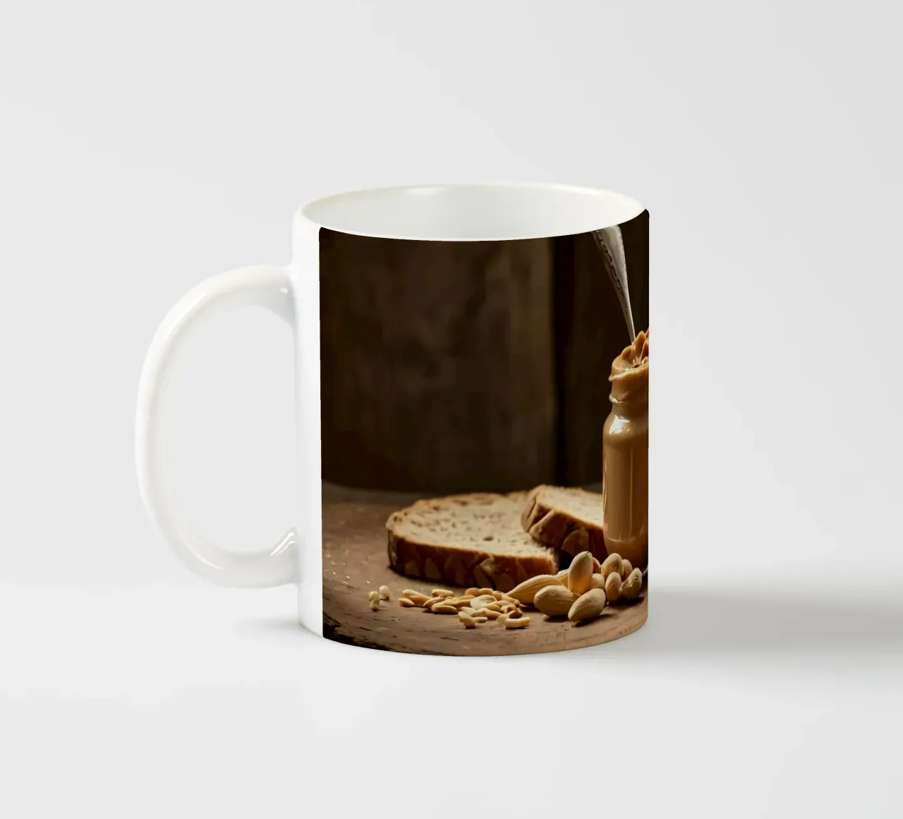 Delicious creamy peanut butter in a jar with sliced bread ceramic mug by DesignDoodle
