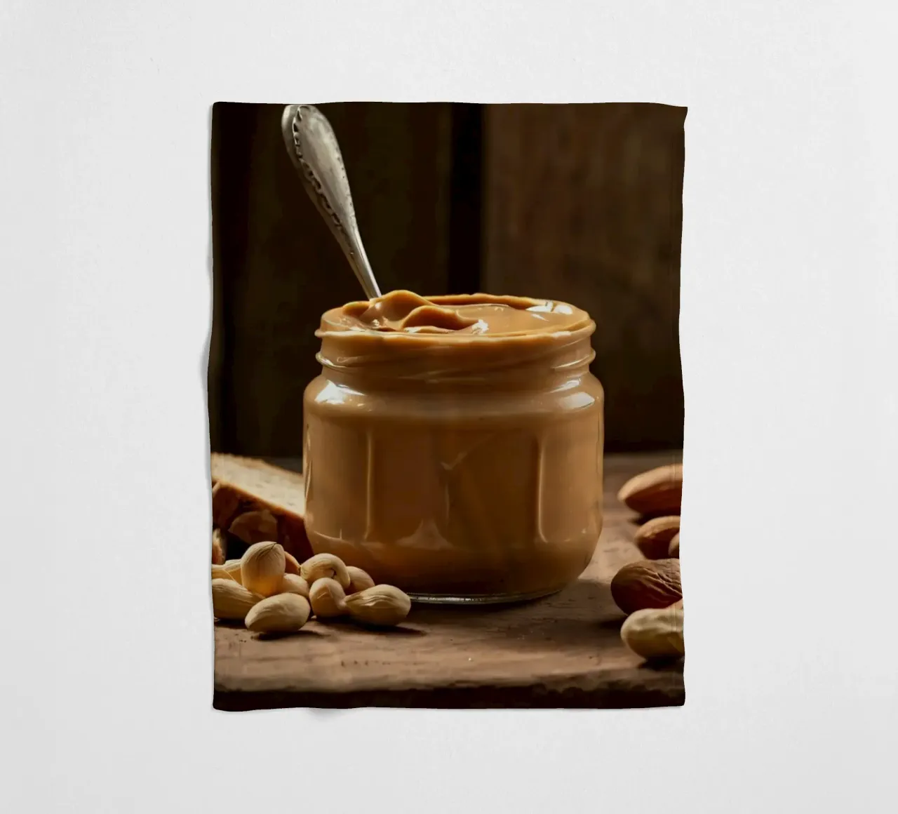 Delicious creamy peanut butter in a jar with sliced bread fleece blanket by DesignDoodle