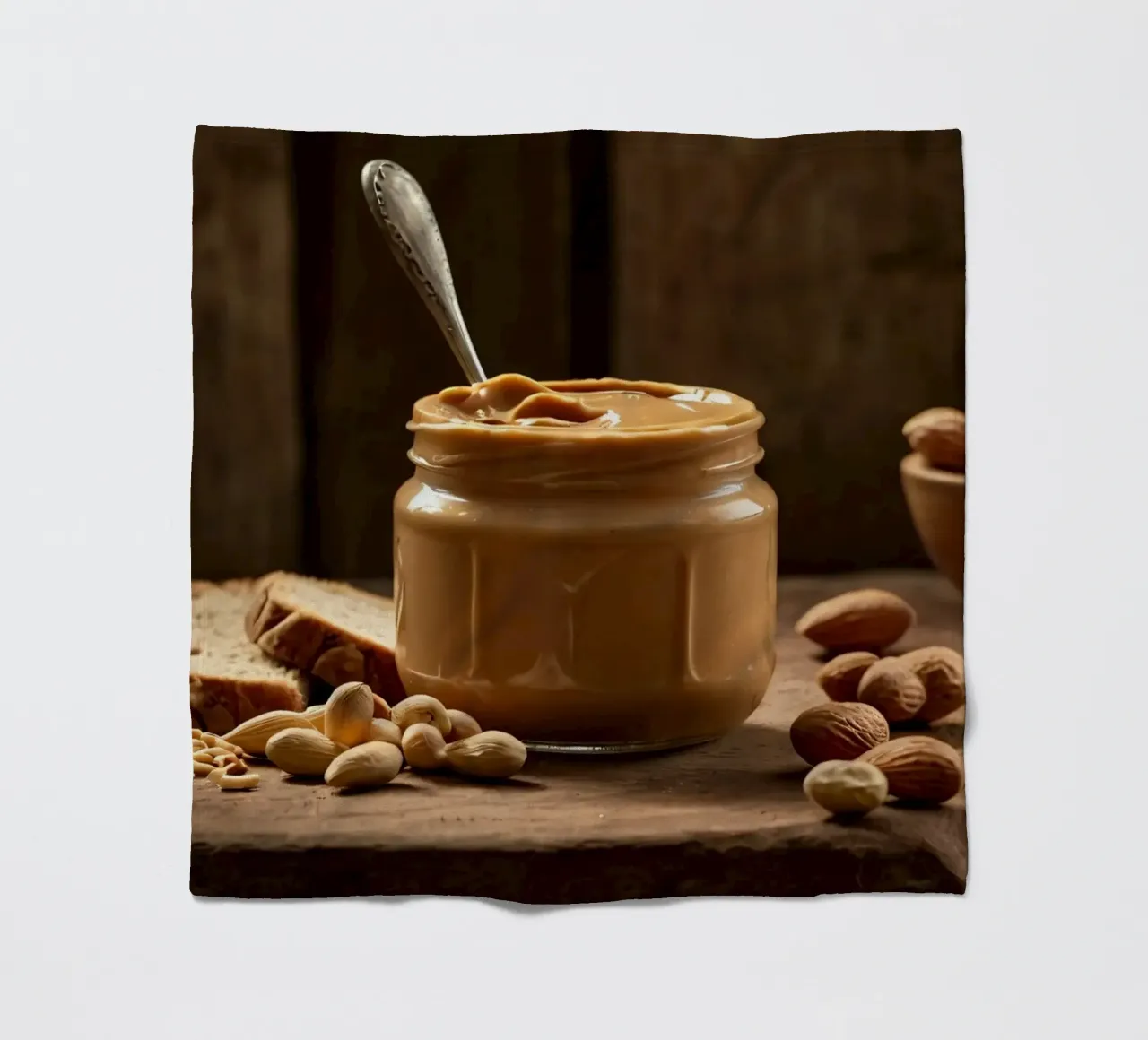 Delicious creamy peanut butter in a jar with sliced bread fleece blanket by DesignDoodle