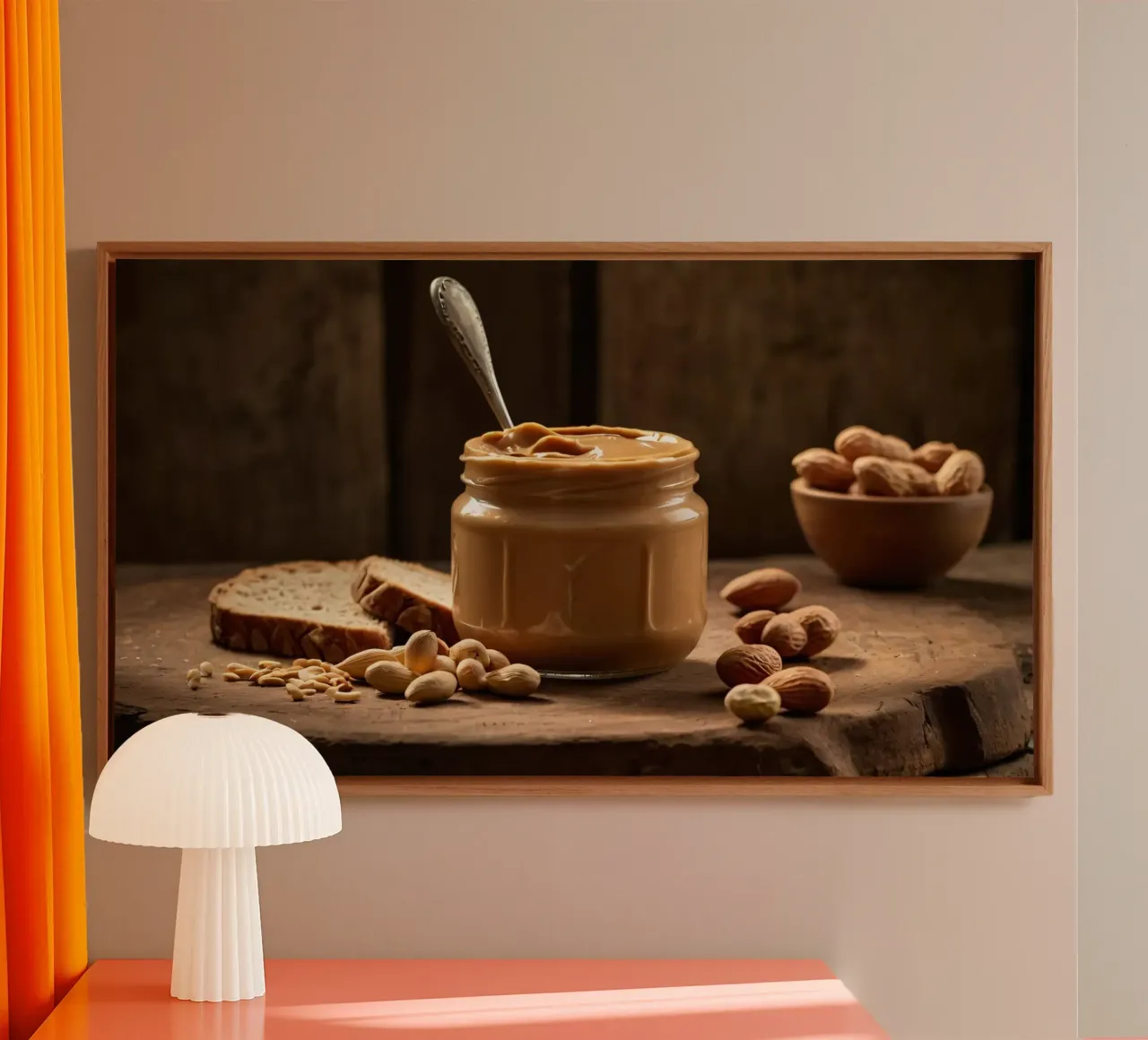 Delicious creamy peanut butter in a jar with sliced bread canvas by DesignDoodle