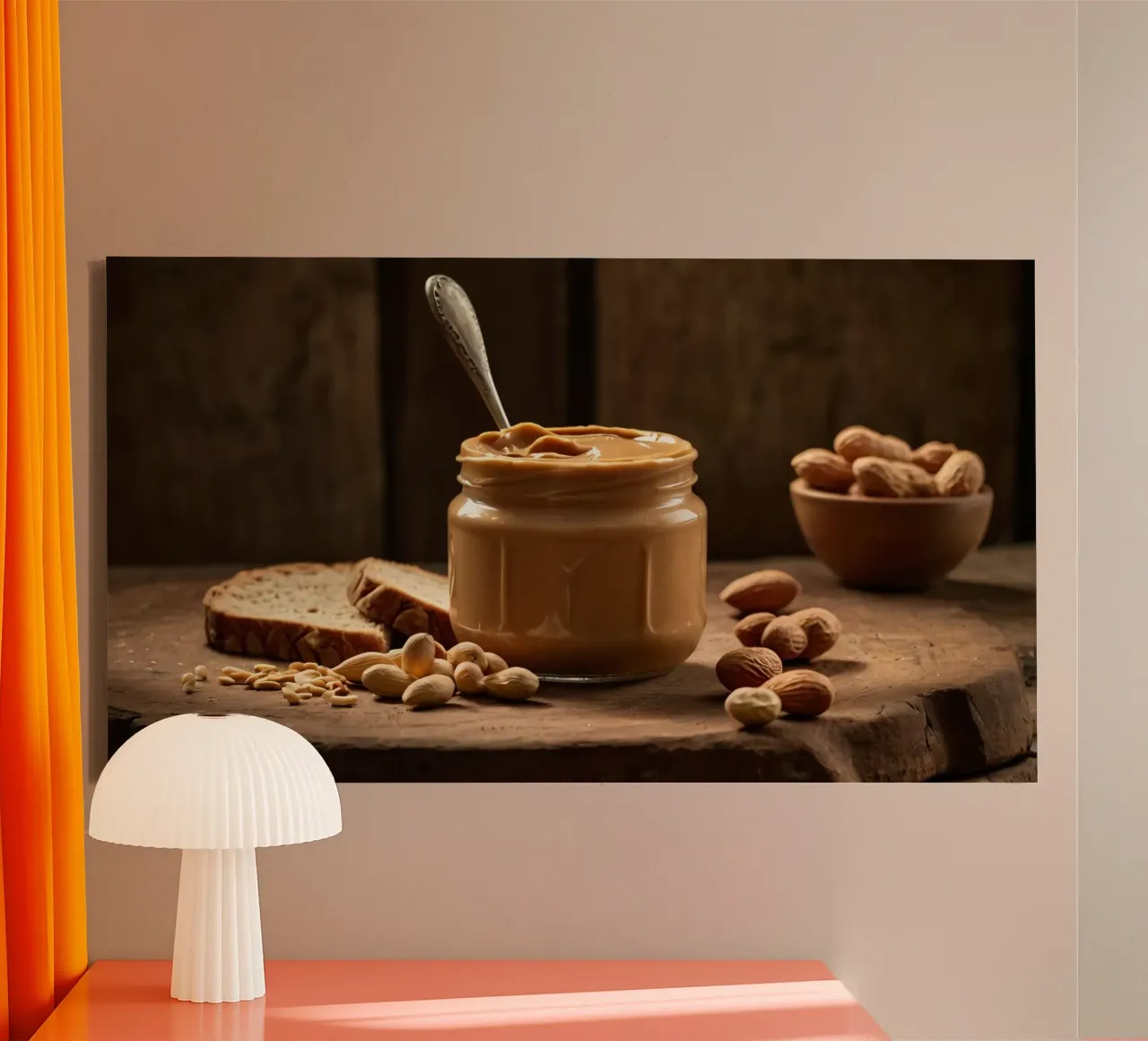 Delicious creamy peanut butter in a jar with sliced bread canvas by DesignDoodle