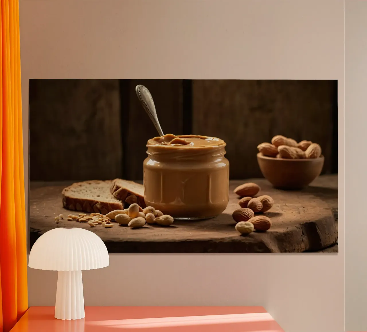 Delicious creamy peanut butter in a jar with sliced bread hahnemühle by DesignDoodle