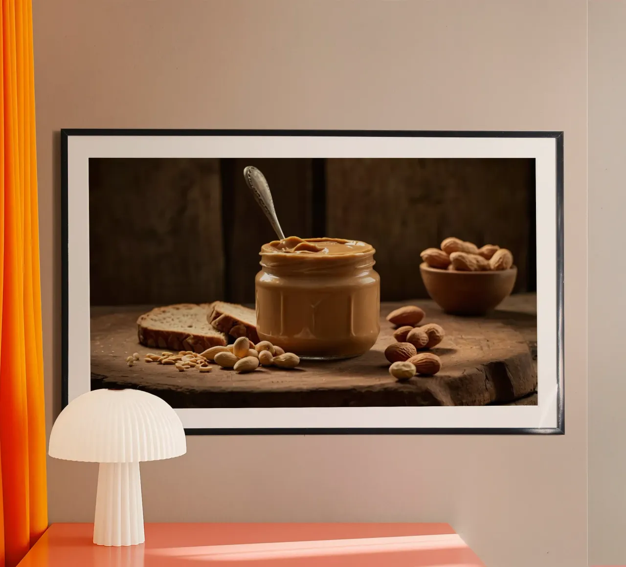 Delicious creamy peanut butter in a jar with sliced bread hahnemühle by DesignDoodle