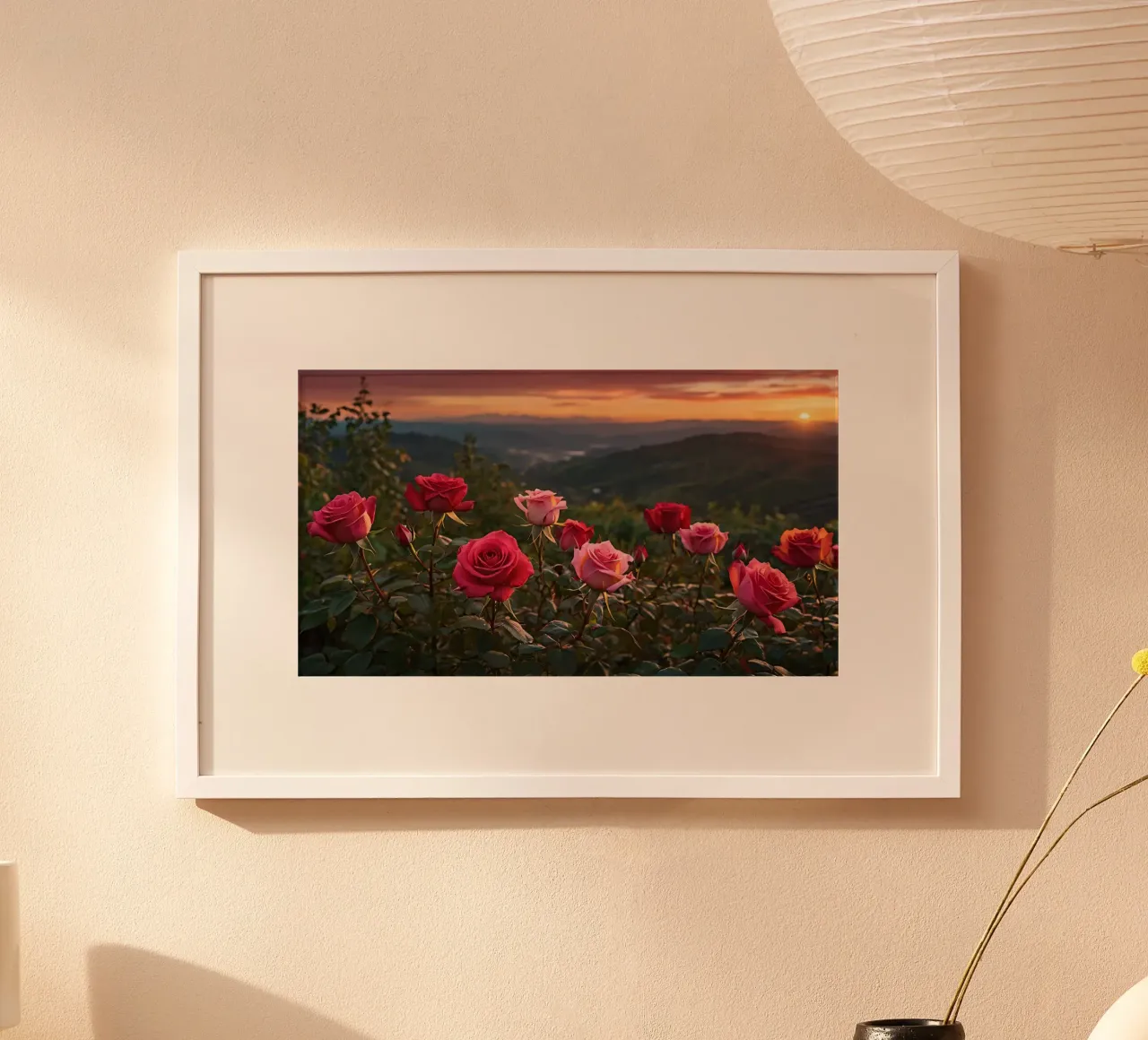 Rose colorate che sbocciano su un tramonto mozzafiato poster con telaio in plastica da DesignDoodle